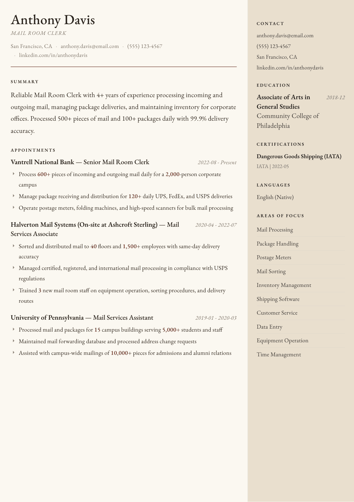 Mail Room Clerk resume example, Manuscript template