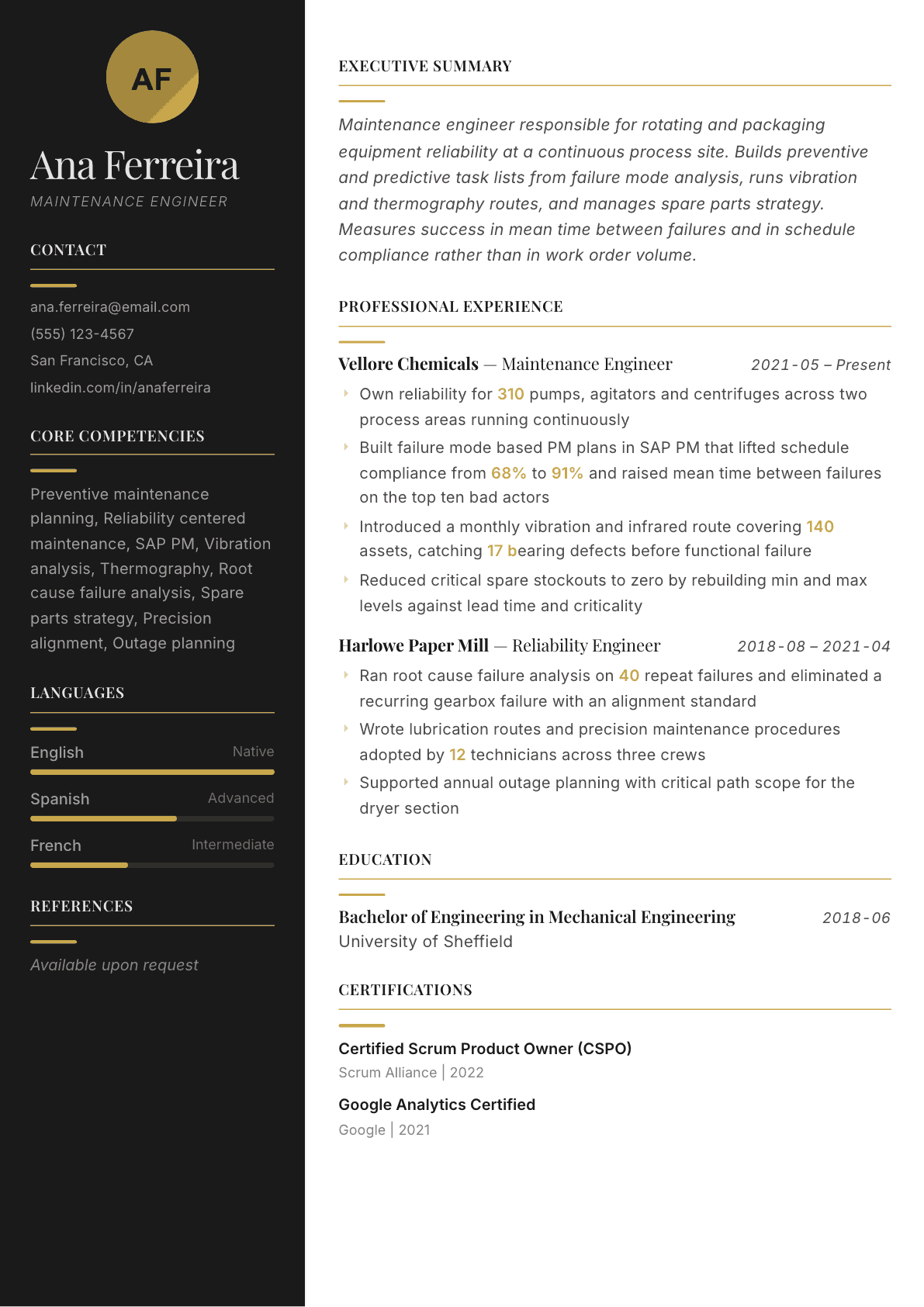 Maintenance Engineer resume example, Ink & Gold template