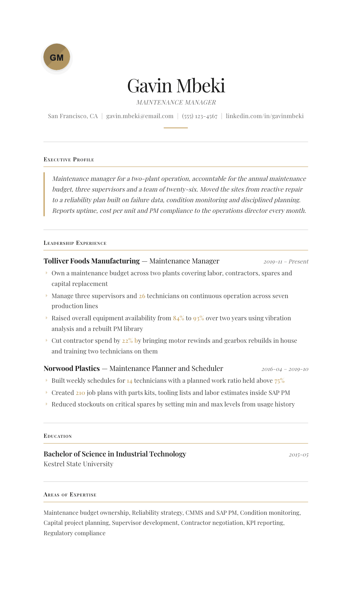 Maintenance Manager resume example, Chancellor template