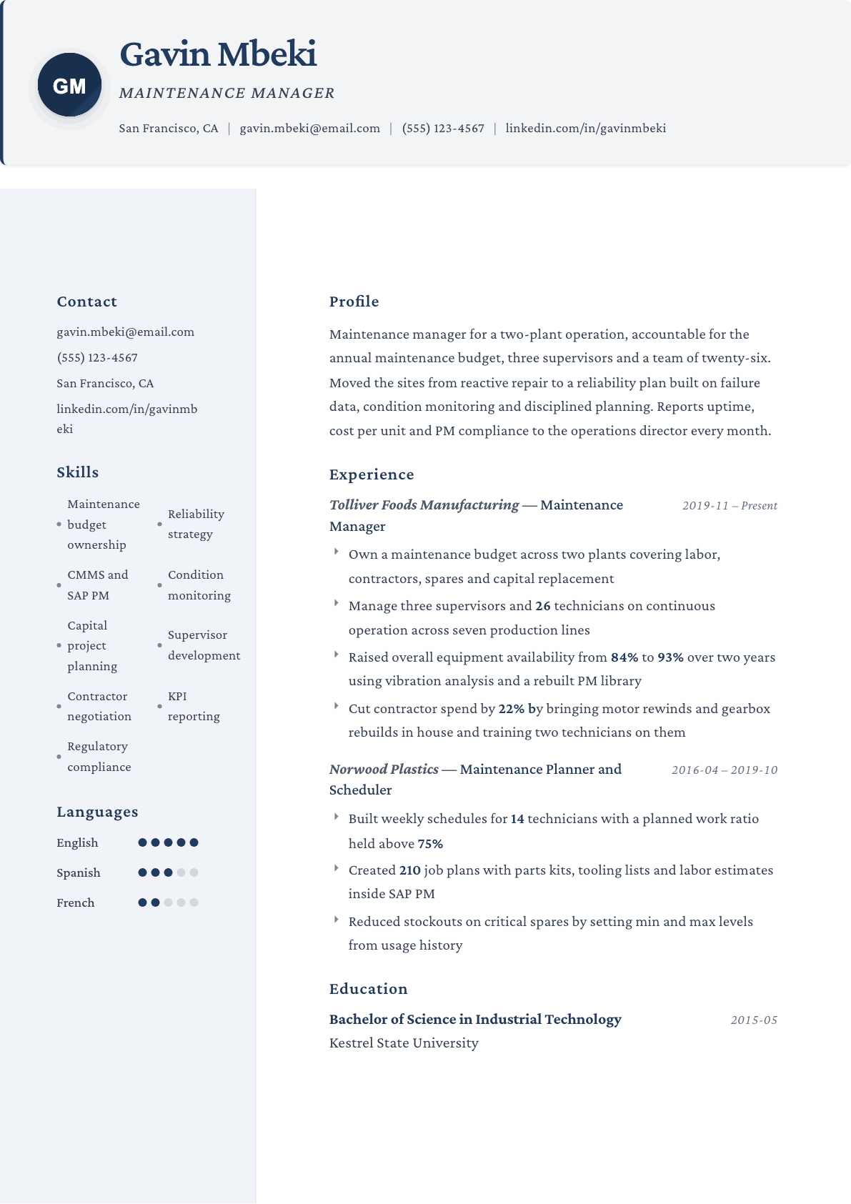 Maintenance Manager resume example, Formal template