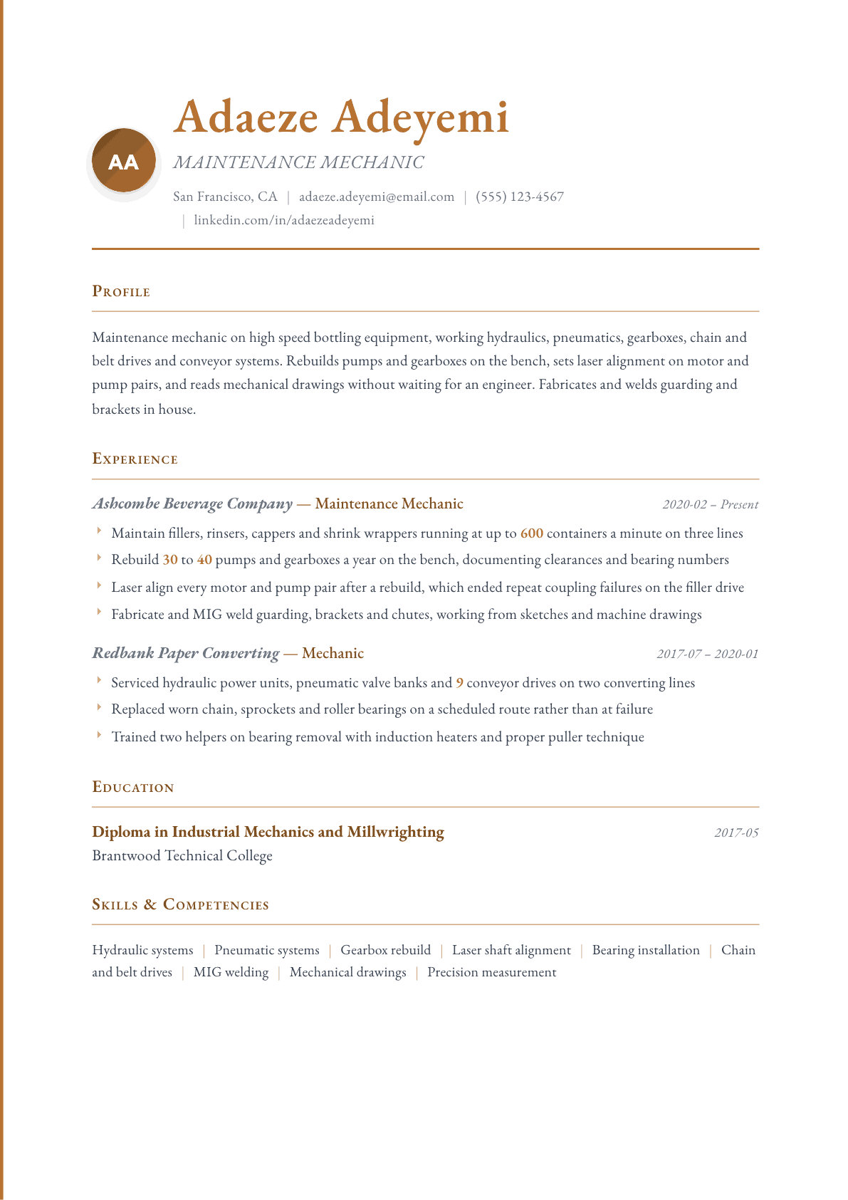 Maintenance Mechanic resume example, Timeless template