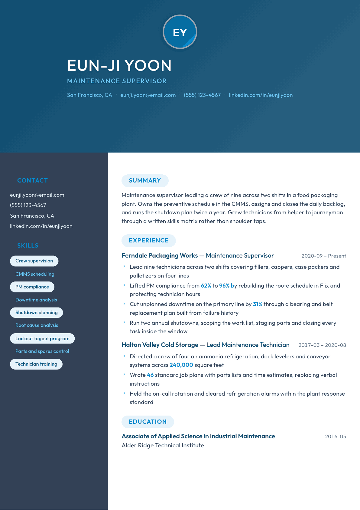Maintenance Supervisor resume example, Nexus template