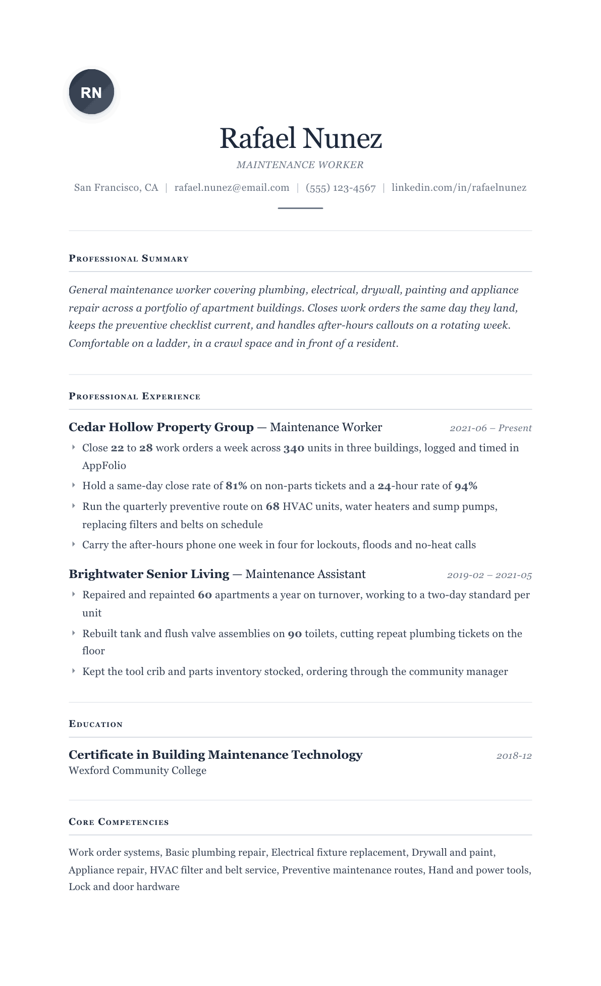 Maintenance Worker resume example, Cornerstone template