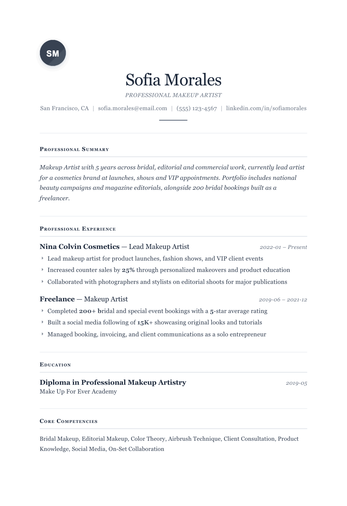 Makeup Artist resume example, Cornerstone template