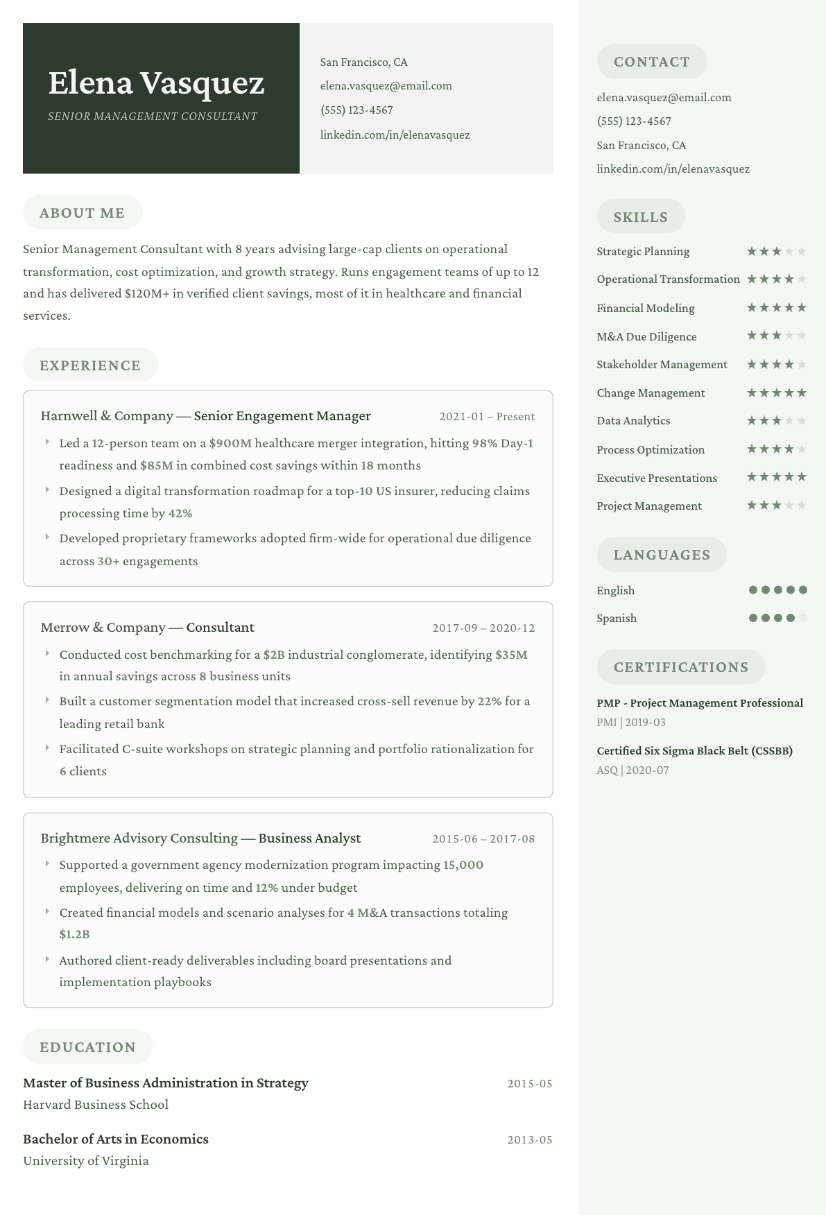 Management Consultant resume example, Mayfair template