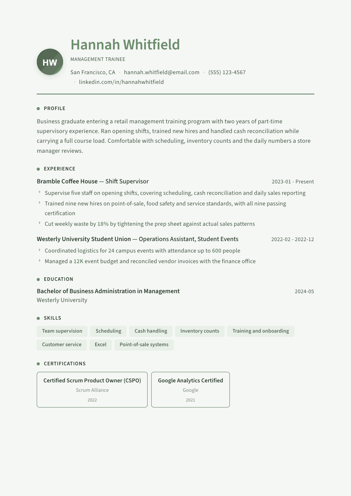 Management Trainee resume example, Sage Garden template