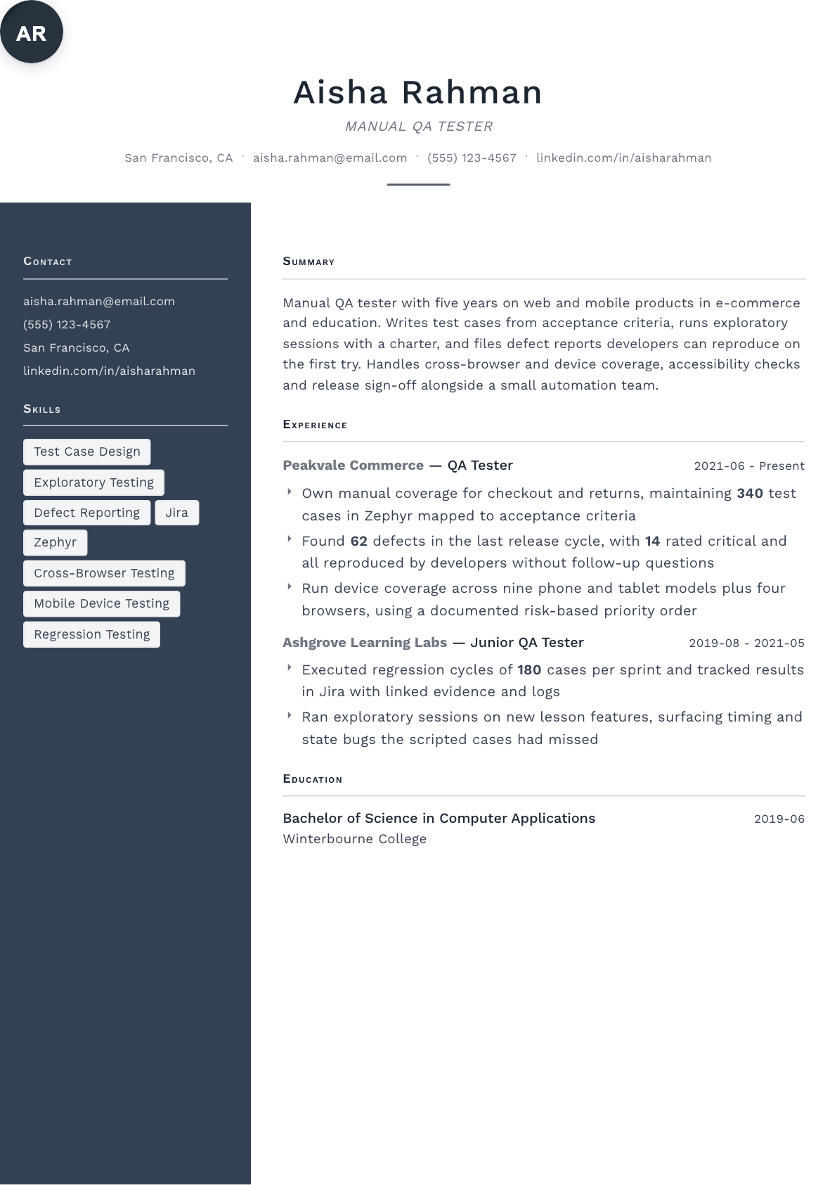 Manual QA Tester resume example, Fold template