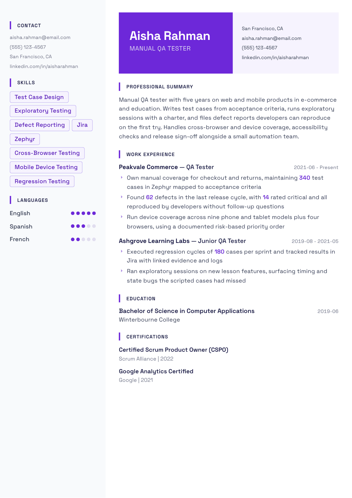 Manual QA Tester resume example, Tokyo template