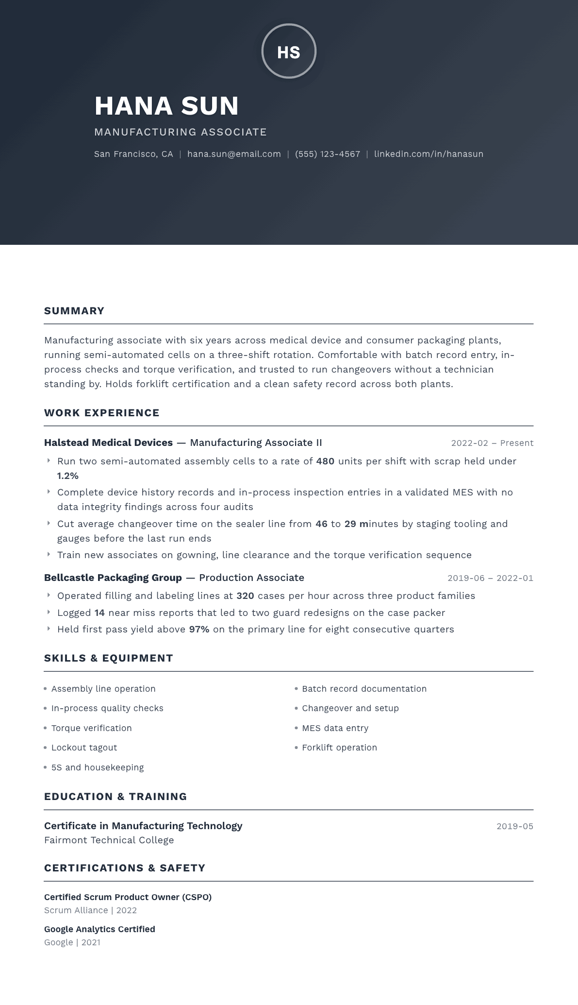 Manufacturing Associate resume example, Foundation template