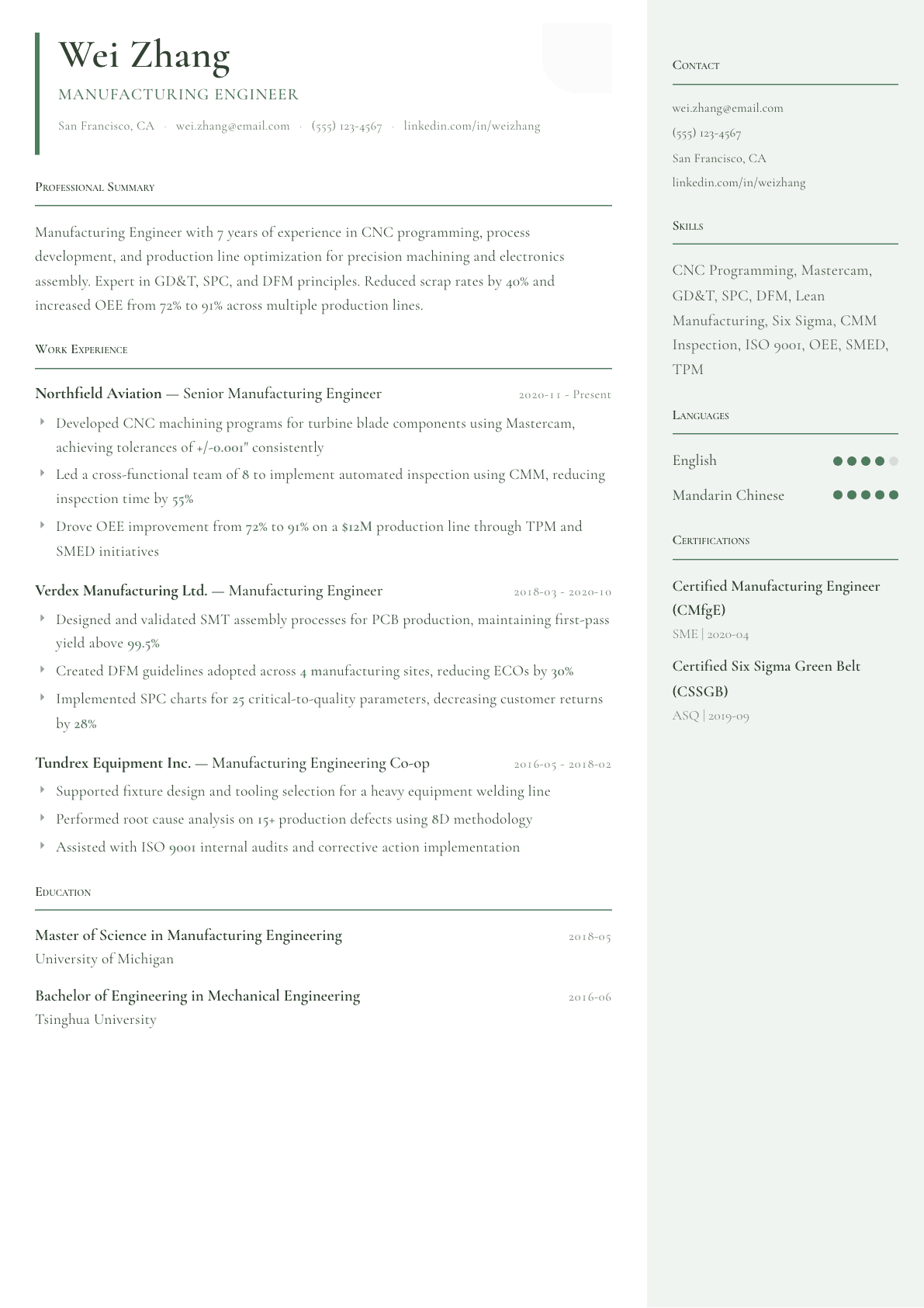 Manufacturing Engineer resume example, Copenhagen template