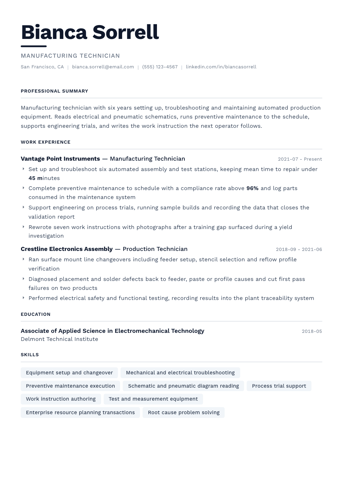 Manufacturing Technician resume example, Berlin template