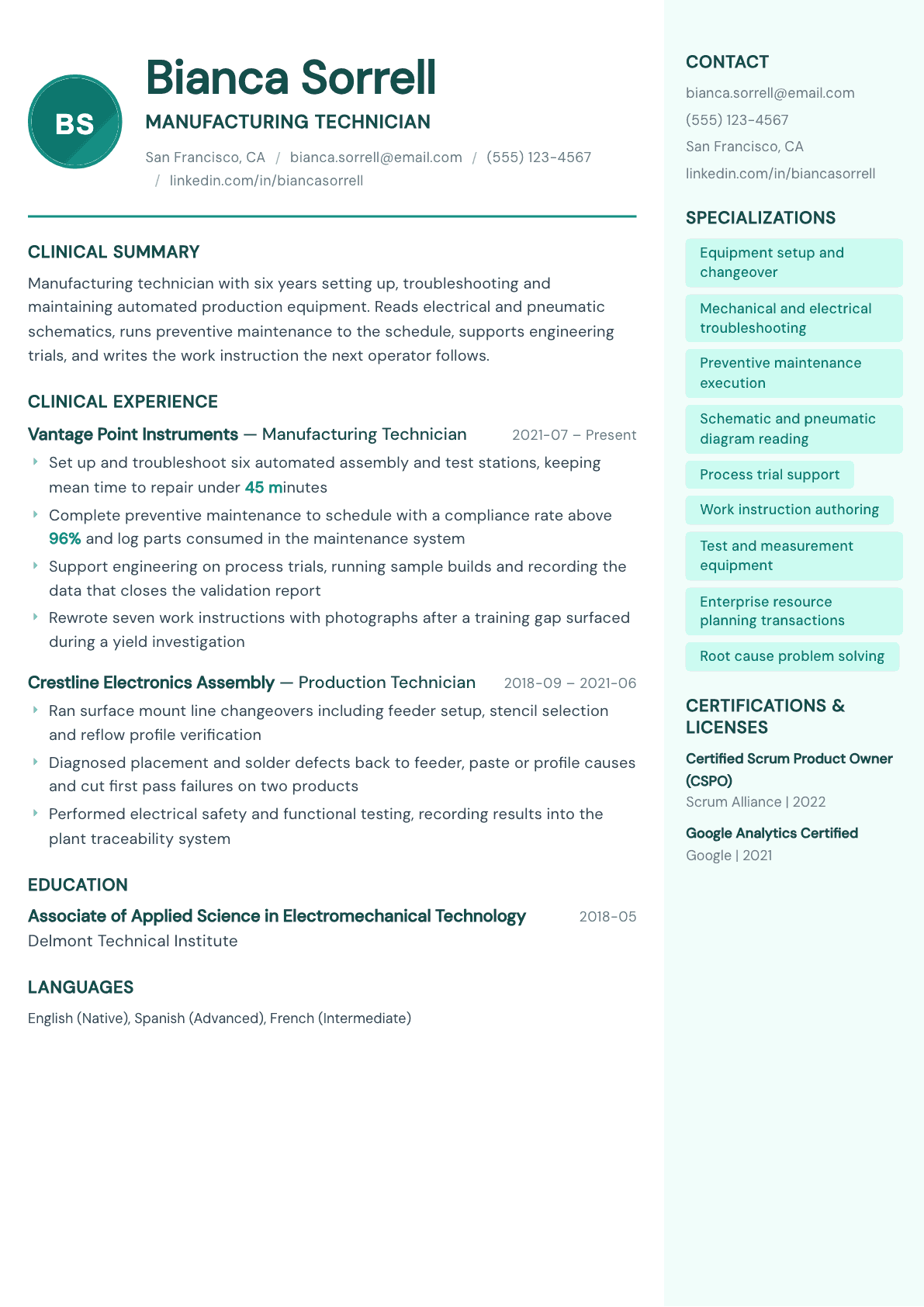 Manufacturing Technician resume example, Remedy template