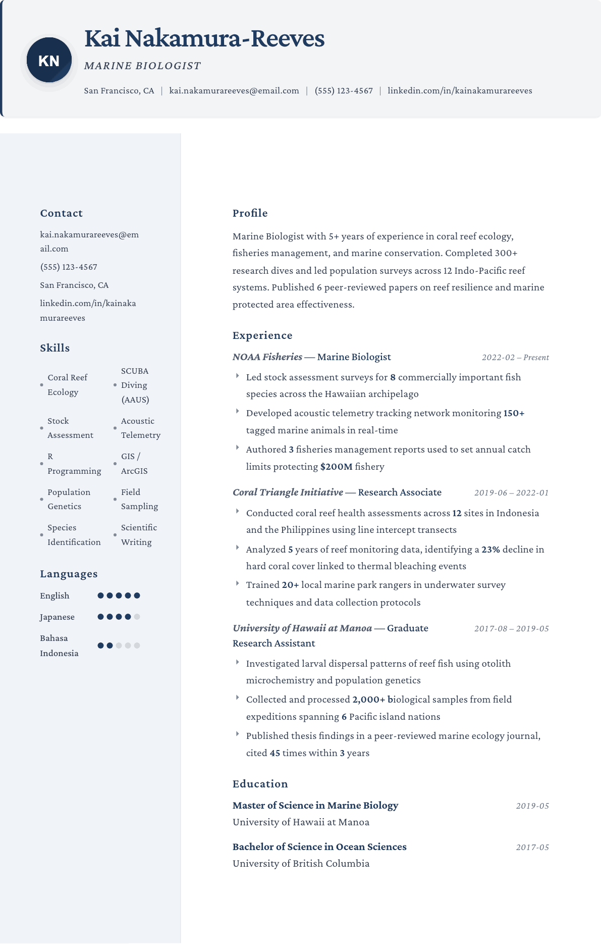 Marine Biologist resume example, Formal template
