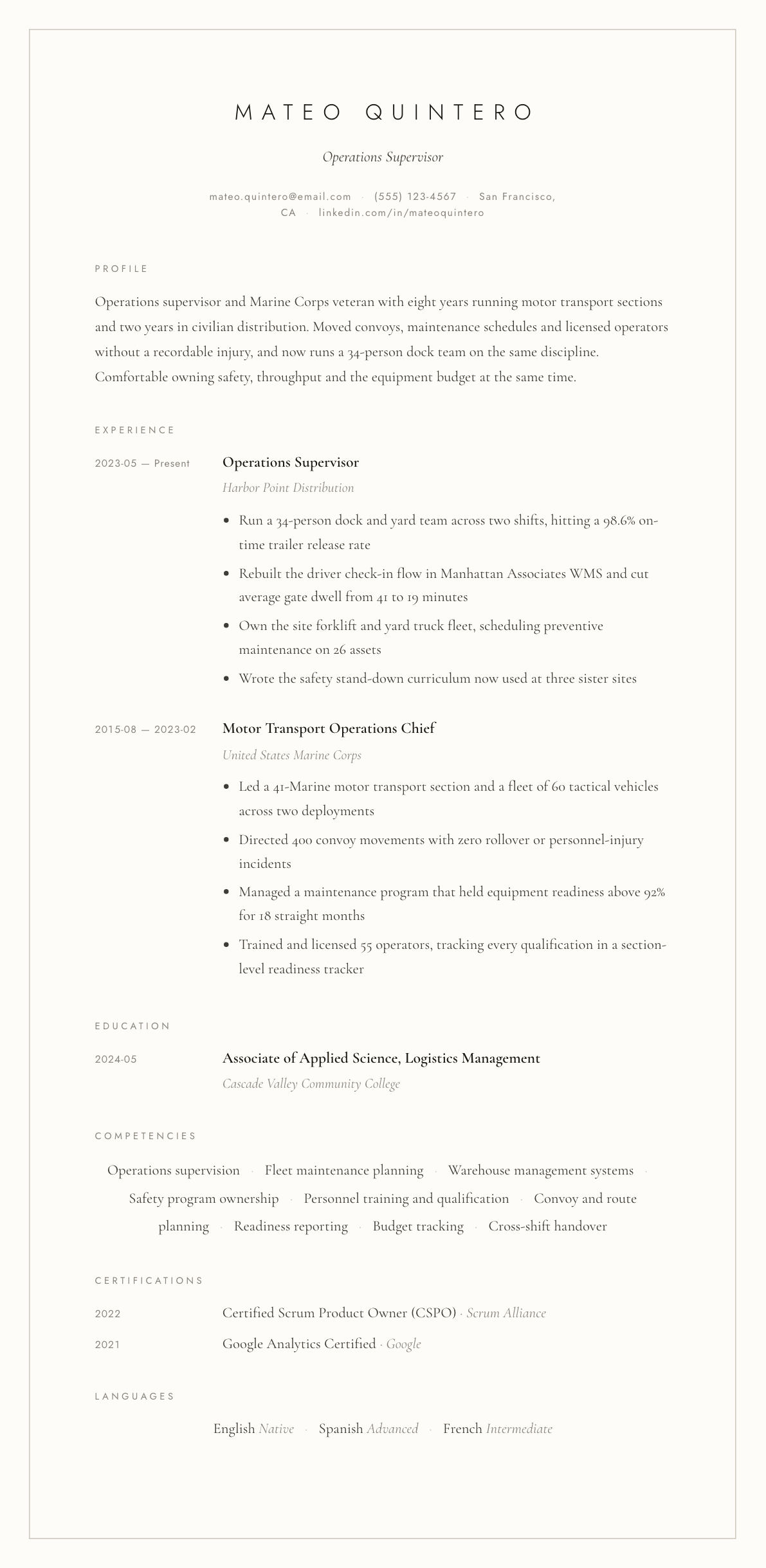 Marine Corps Veteran resume example, Vellum template