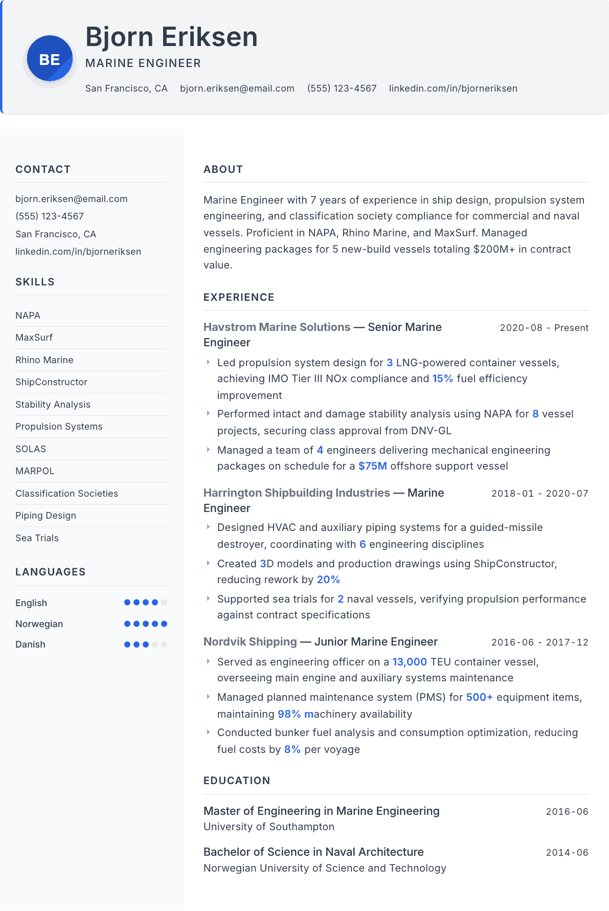 Marine Engineer resume example, Paper template