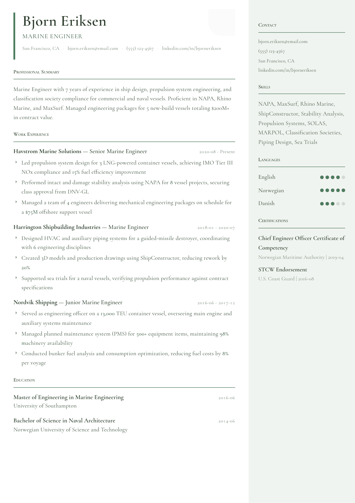 Marine Engineer resume example, Copenhagen template