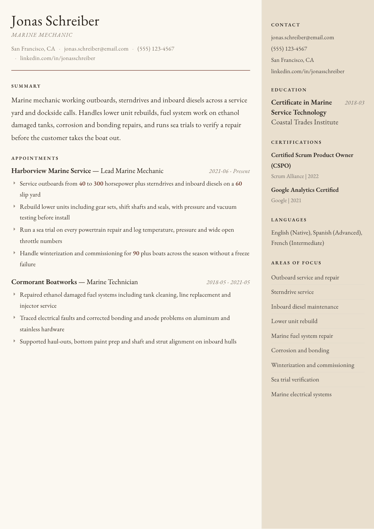 Marine Mechanic resume example, Manuscript template