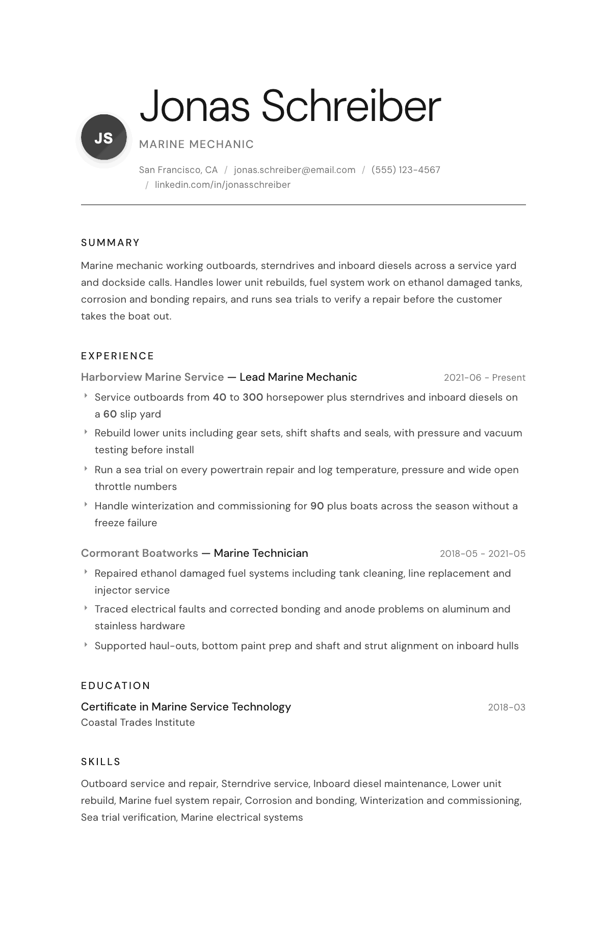 Marine Mechanic resume example, Whisper template
