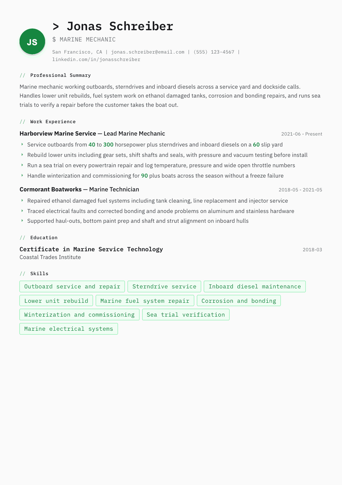 Marine Mechanic resume example, Amsterdam template