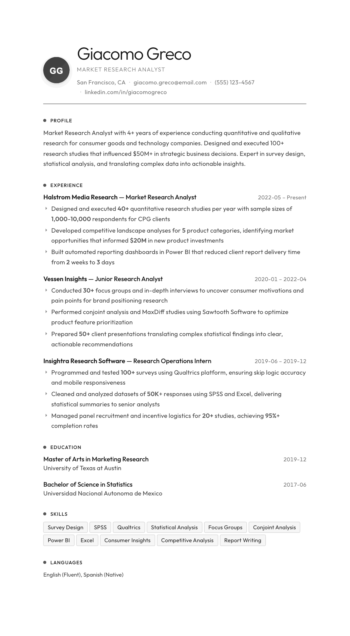 Market Research Analyst resume example, Flux template