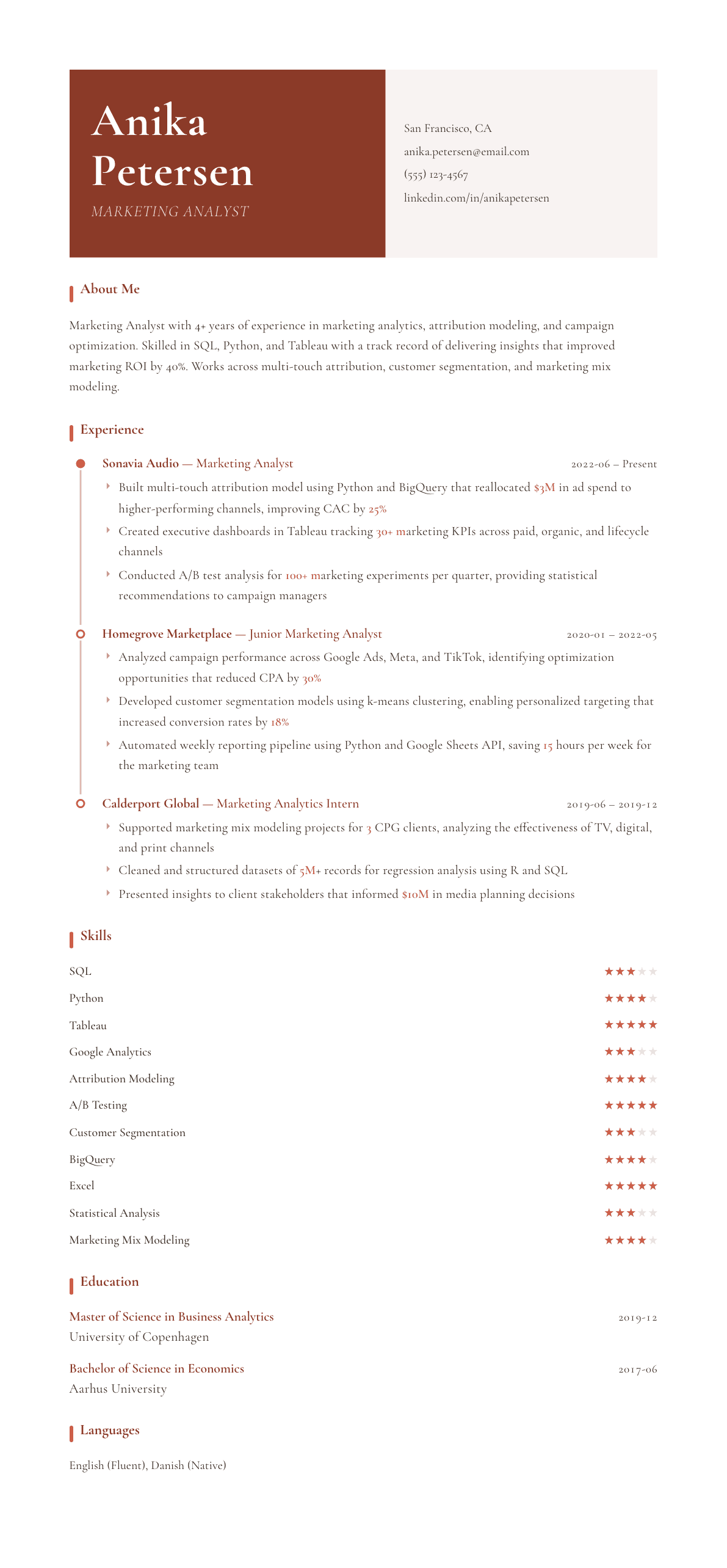 Marketing Analyst resume example, Artisan template