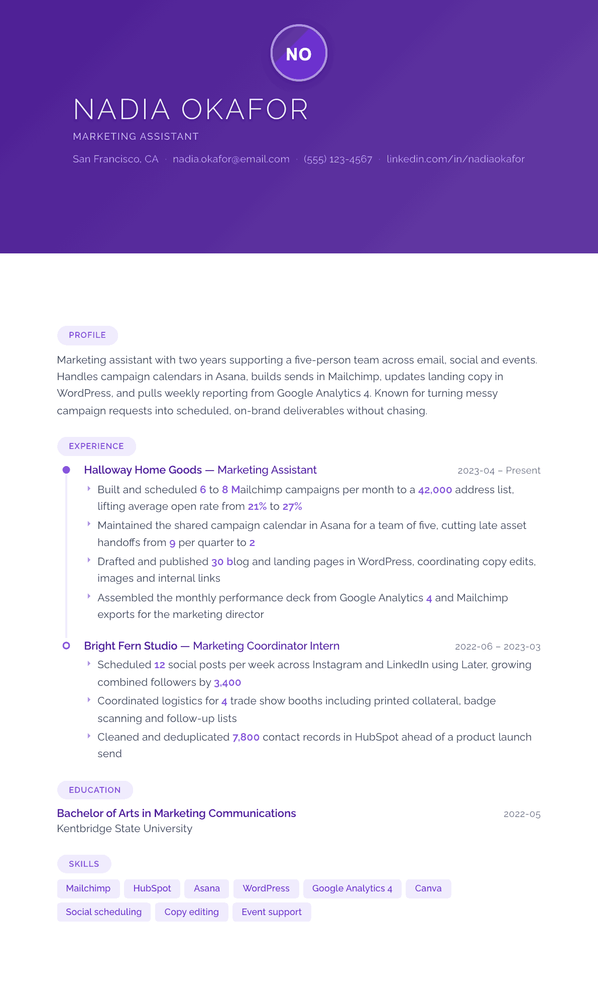 Marketing Assistant resume example, Canvas template