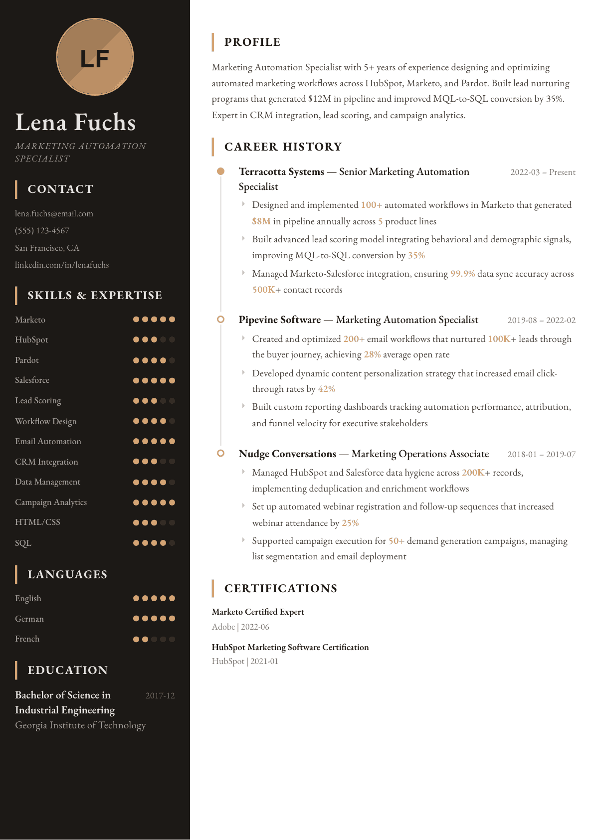 Marketing Automation Specialist resume example, Heritage template