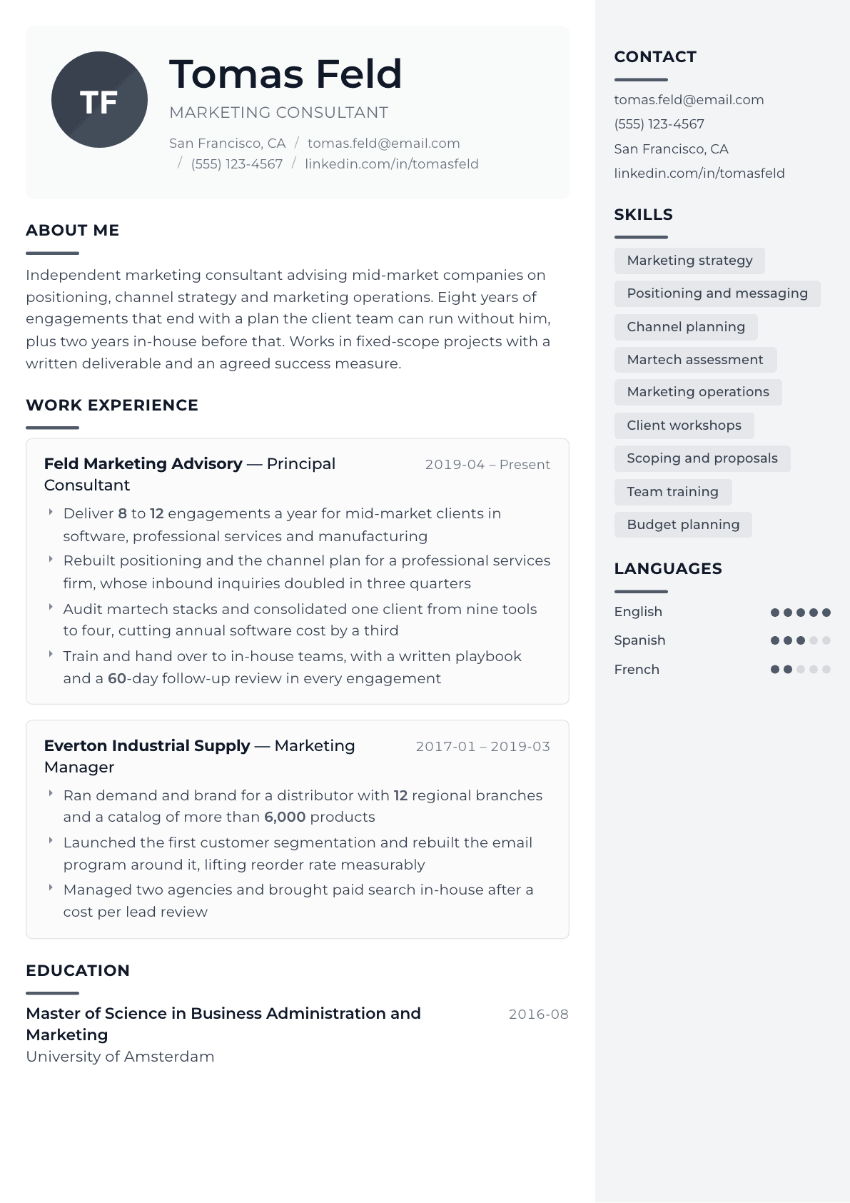 Marketing Consultant resume example, Metropolitan template