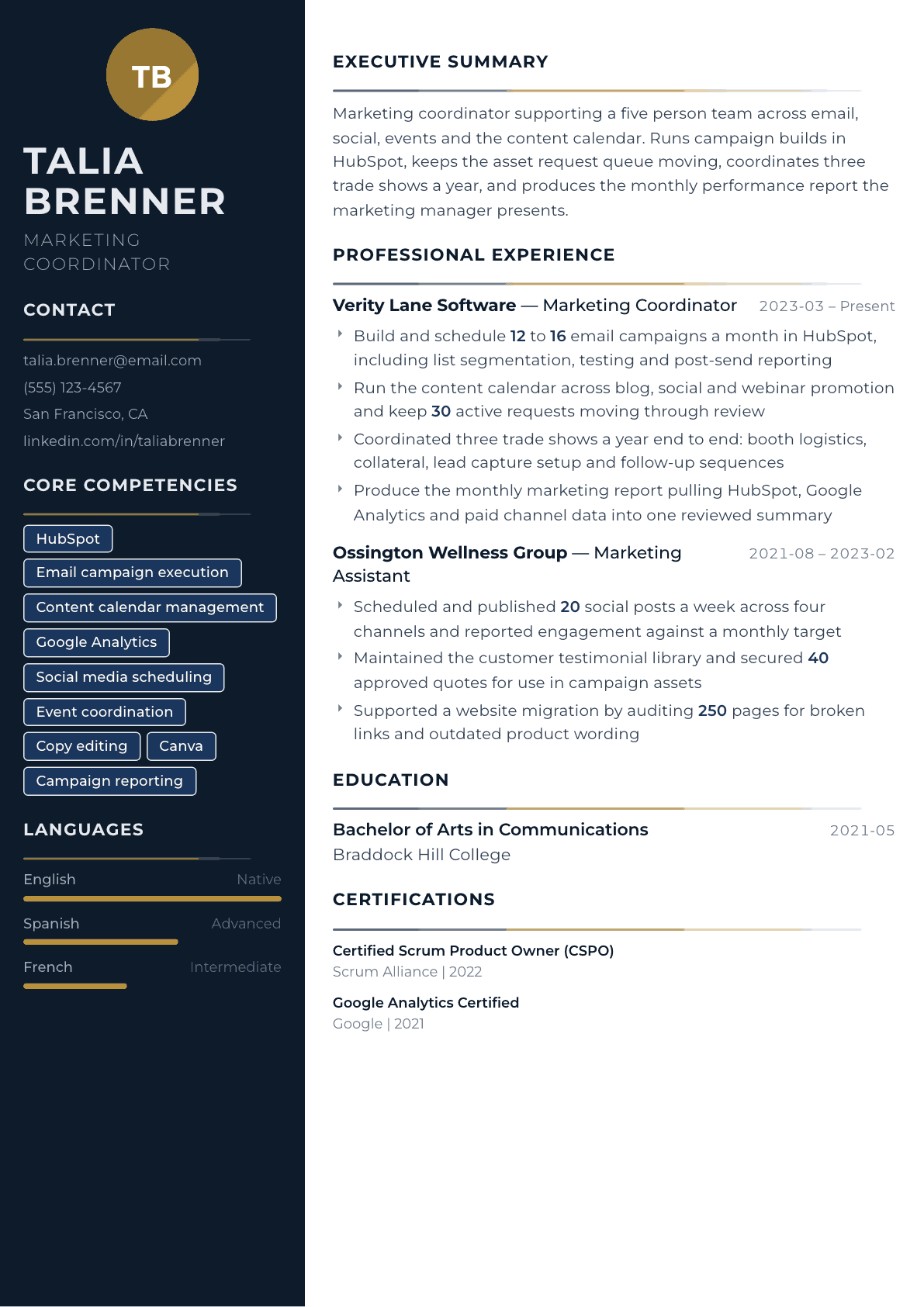 Marketing Coordinator resume example, Catalyst template
