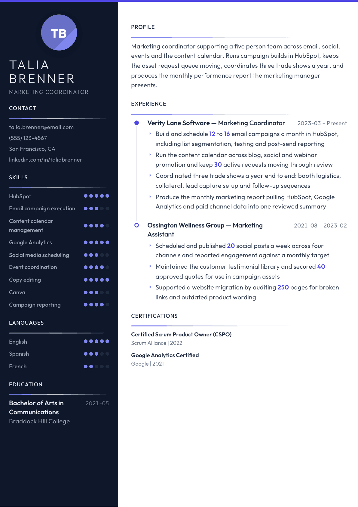 Marketing Coordinator resume example, Zenith template