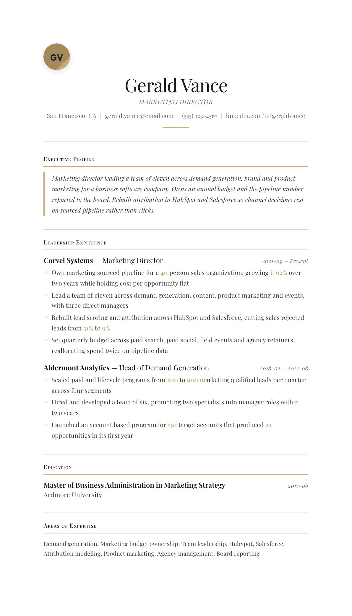 Marketing Director resume example, Chancellor template