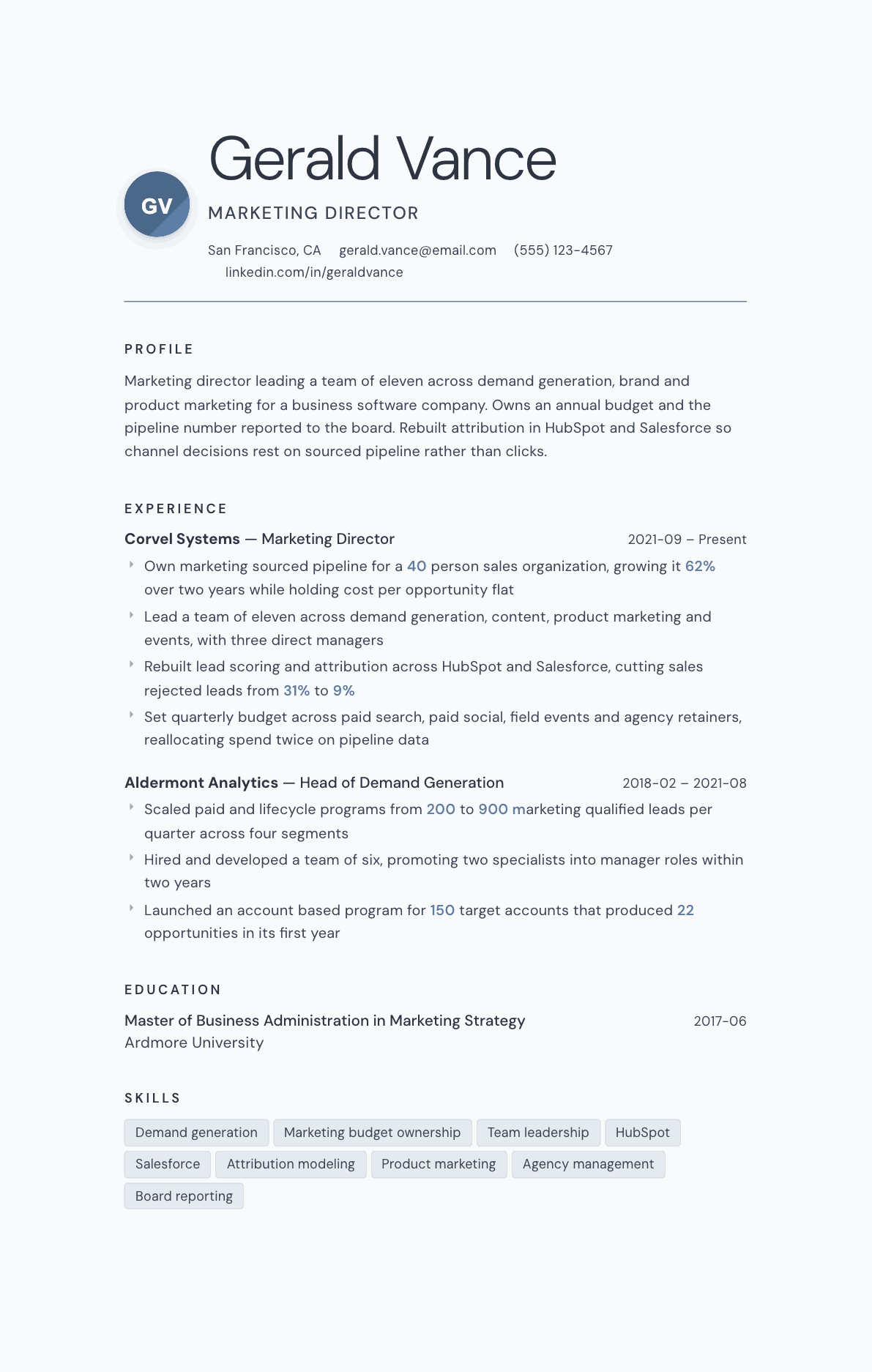Marketing Director resume example, Nordic template
