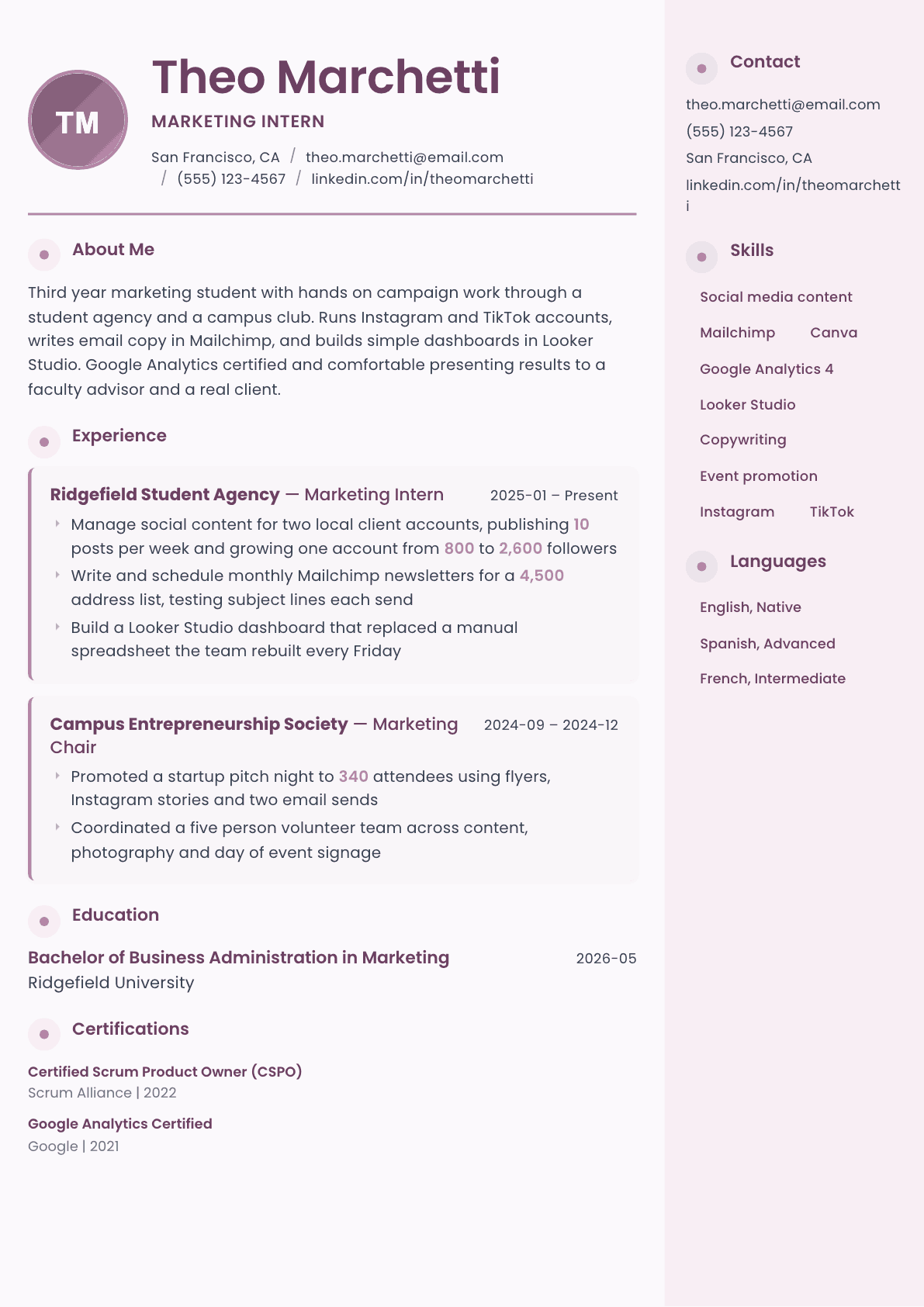 Marketing Intern resume example, Bloom template
