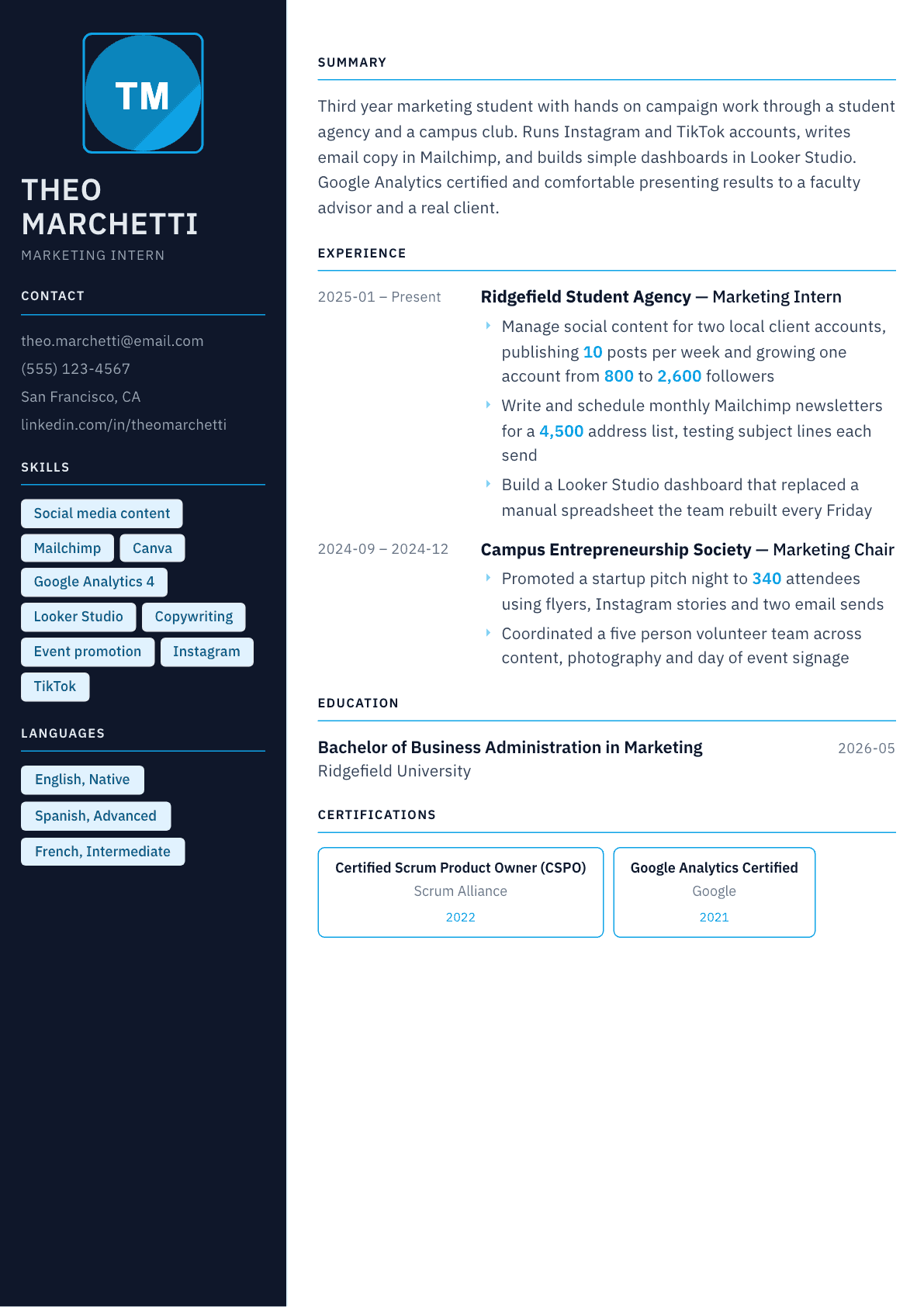 Marketing Intern resume example, Everest template