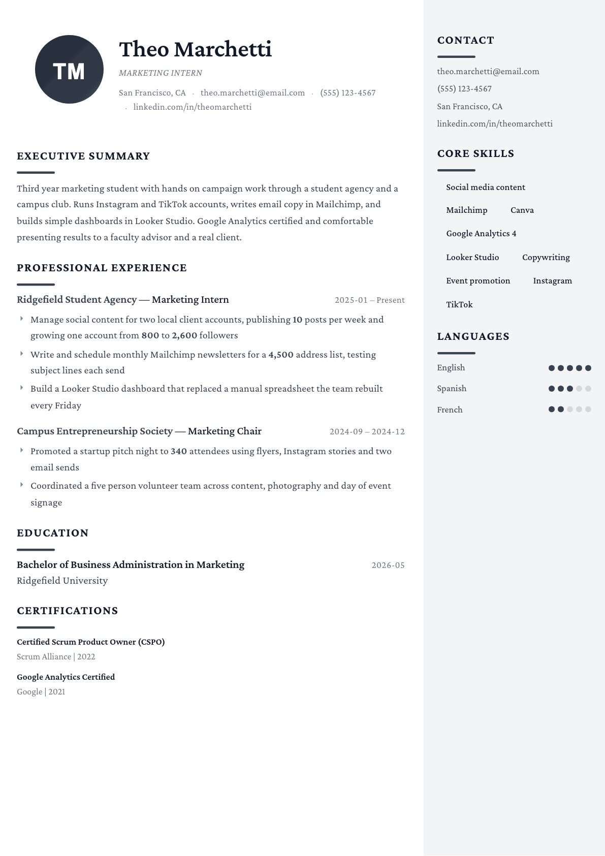 Marketing Intern resume example, Monarch template