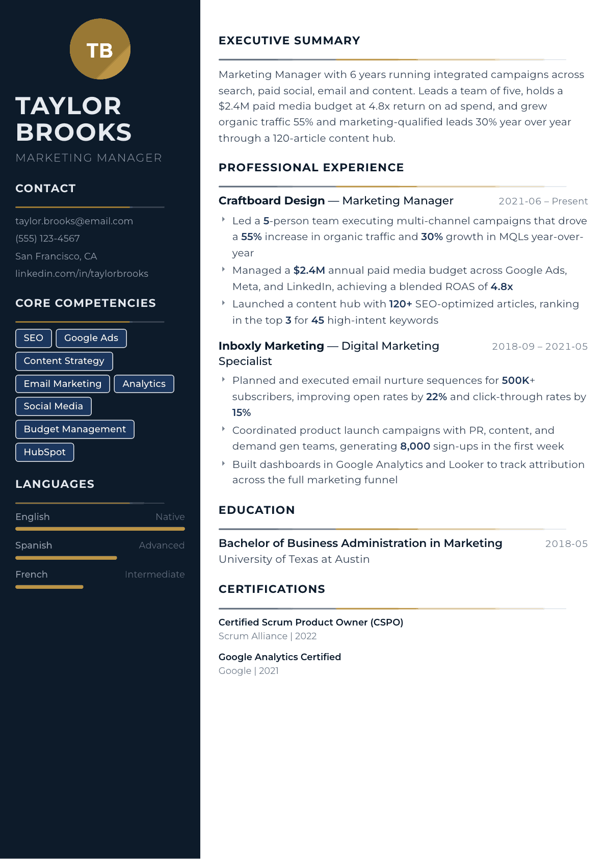Marketing Manager resume example, Catalyst template