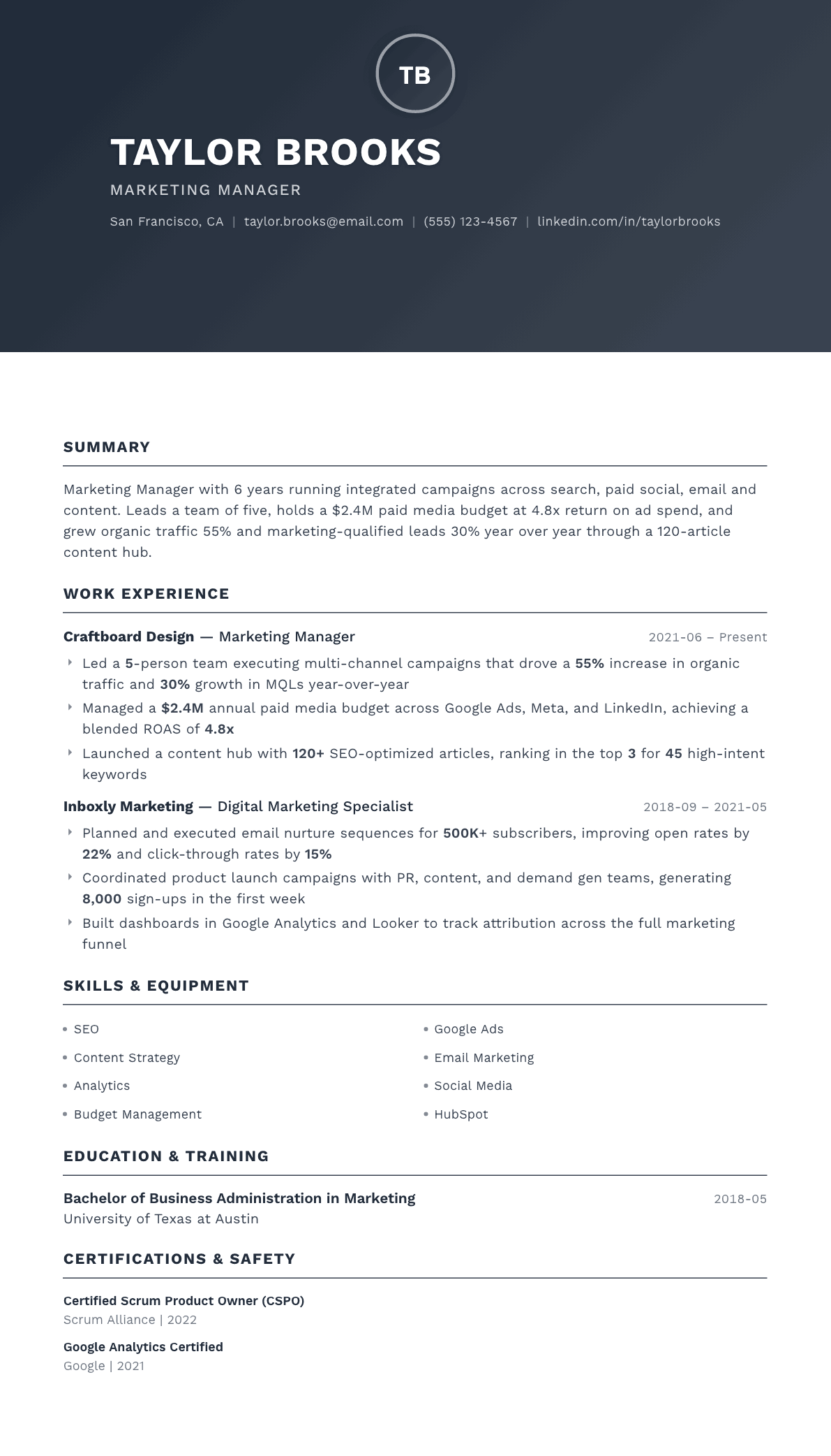 Marketing Manager resume example, Foundation template