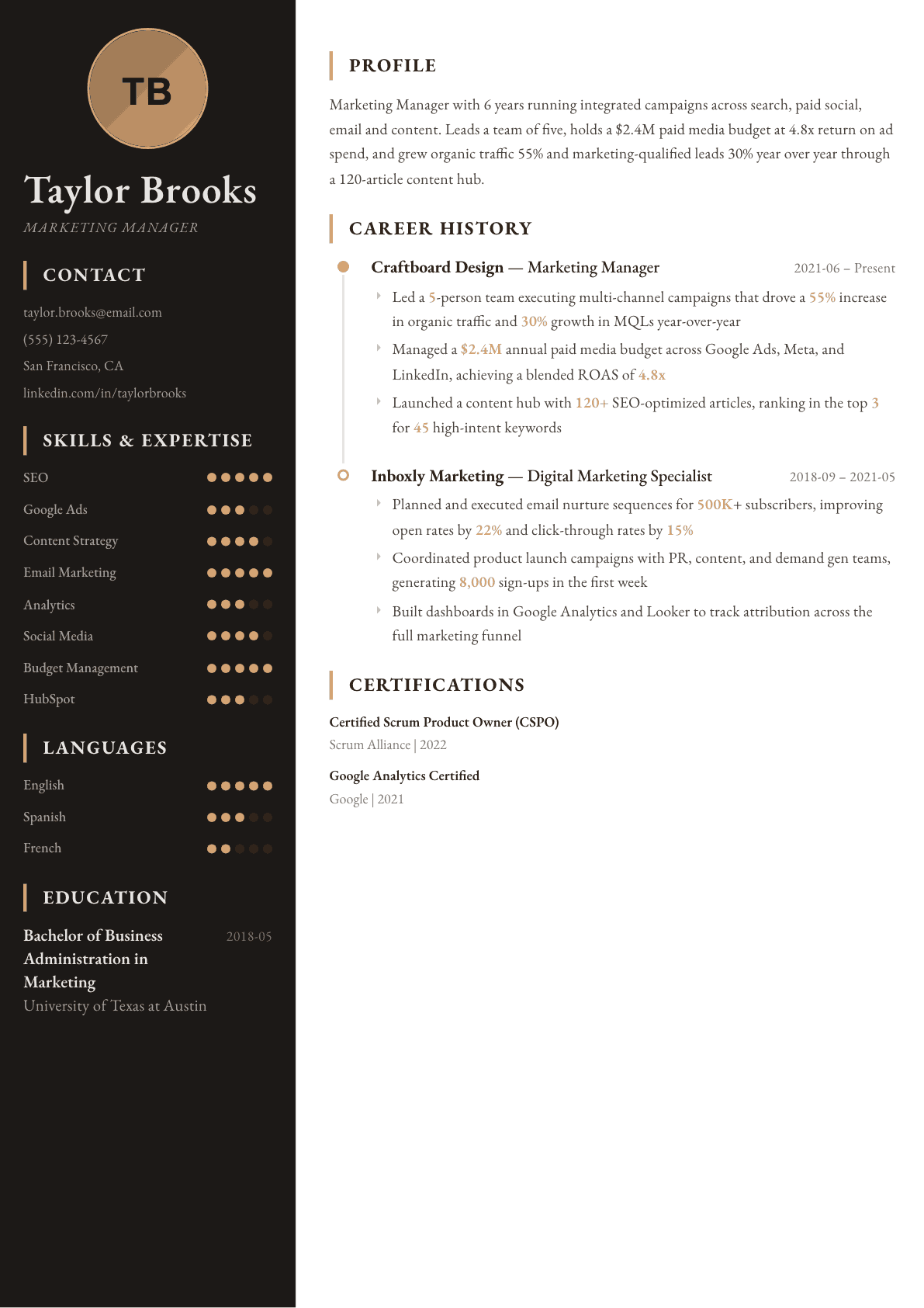 Marketing Manager resume example, Heritage template