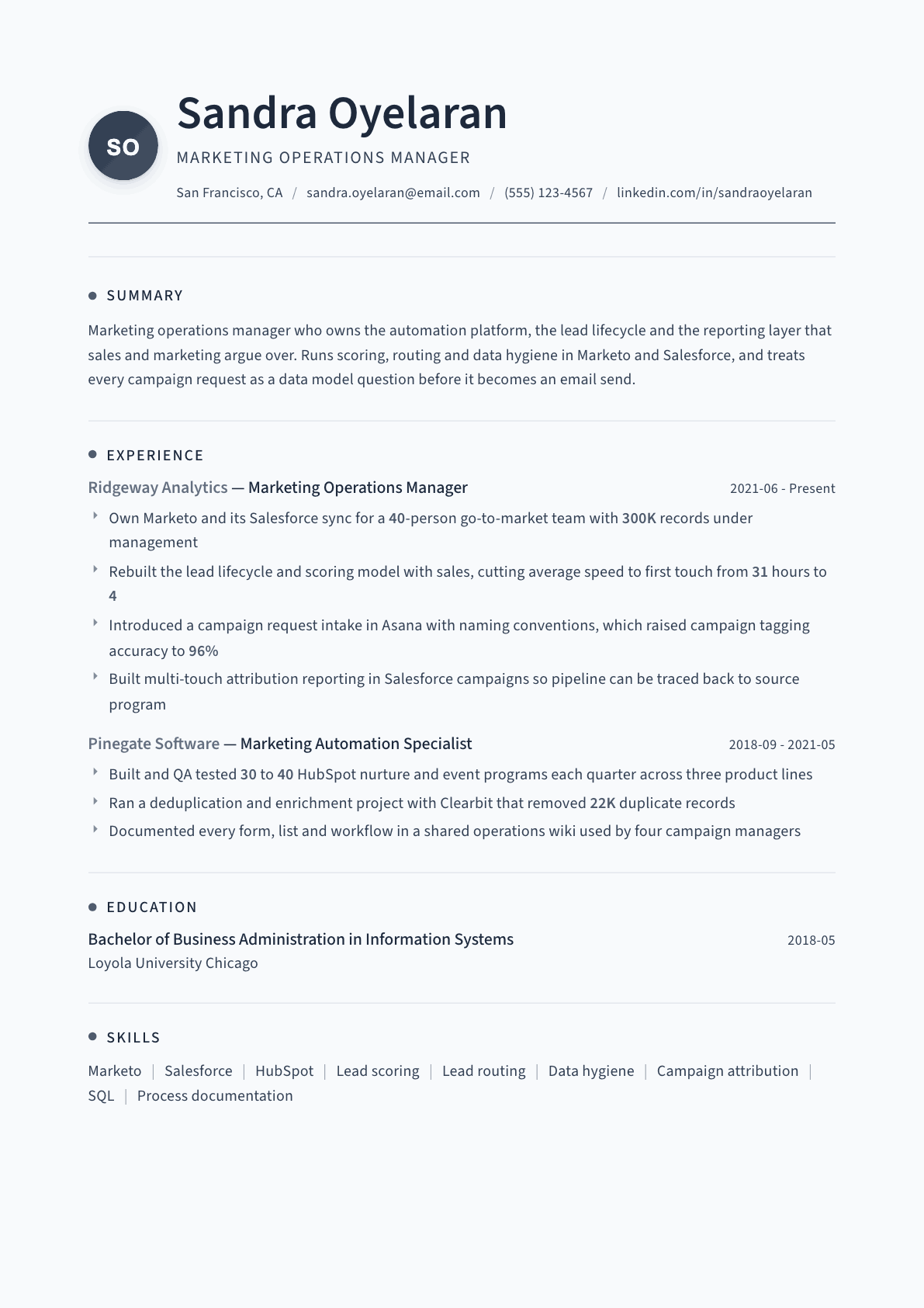 Marketing Operations Manager resume example, Thread template