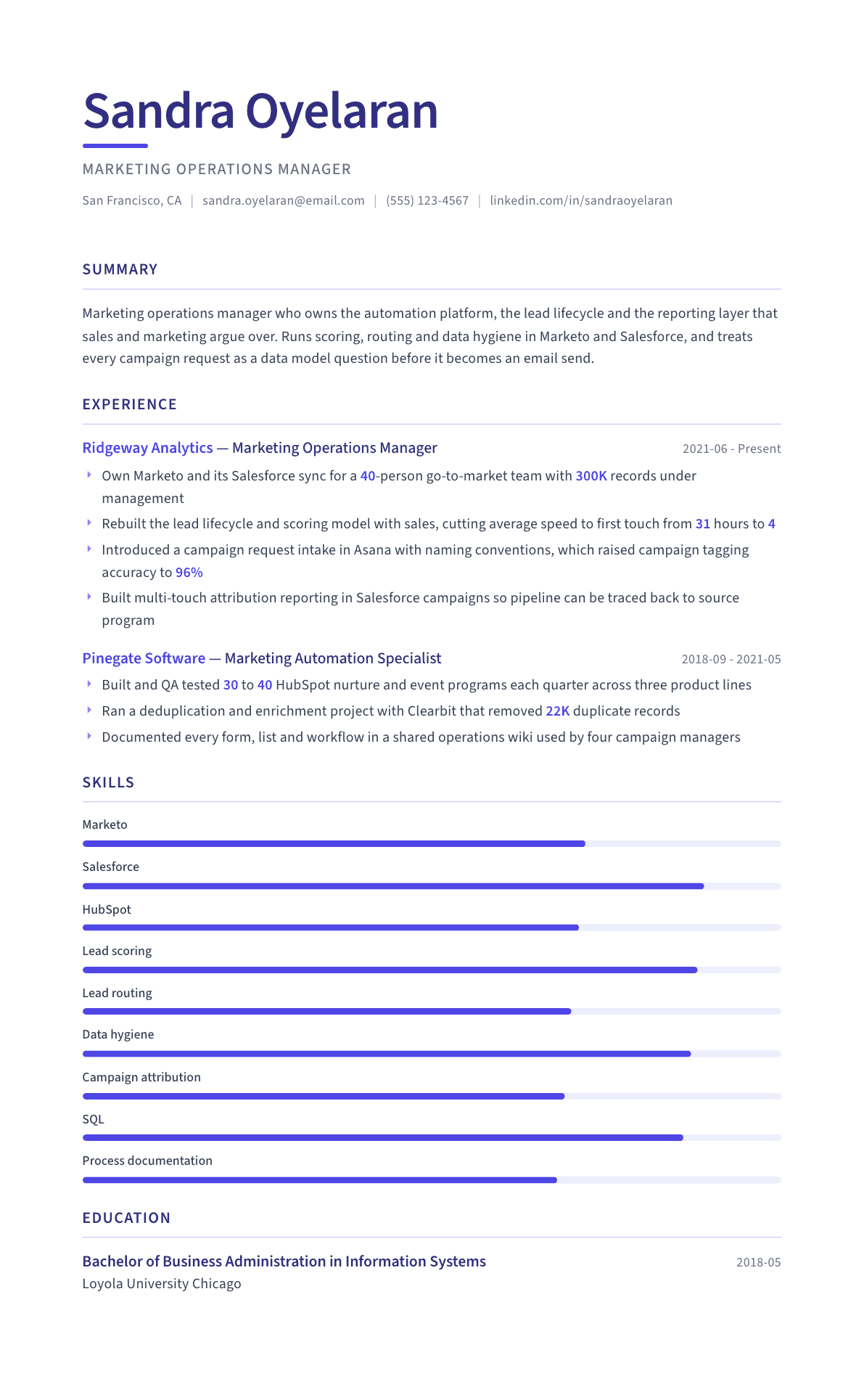 Marketing Operations Manager resume example, Logic template