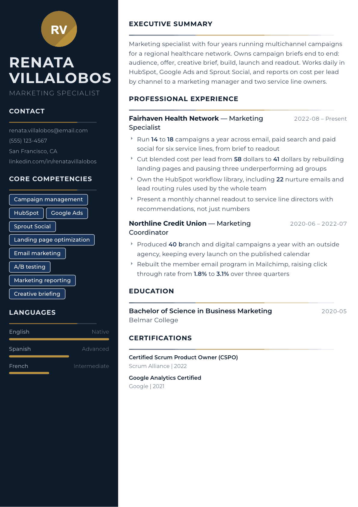 Marketing Specialist resume example, Catalyst template