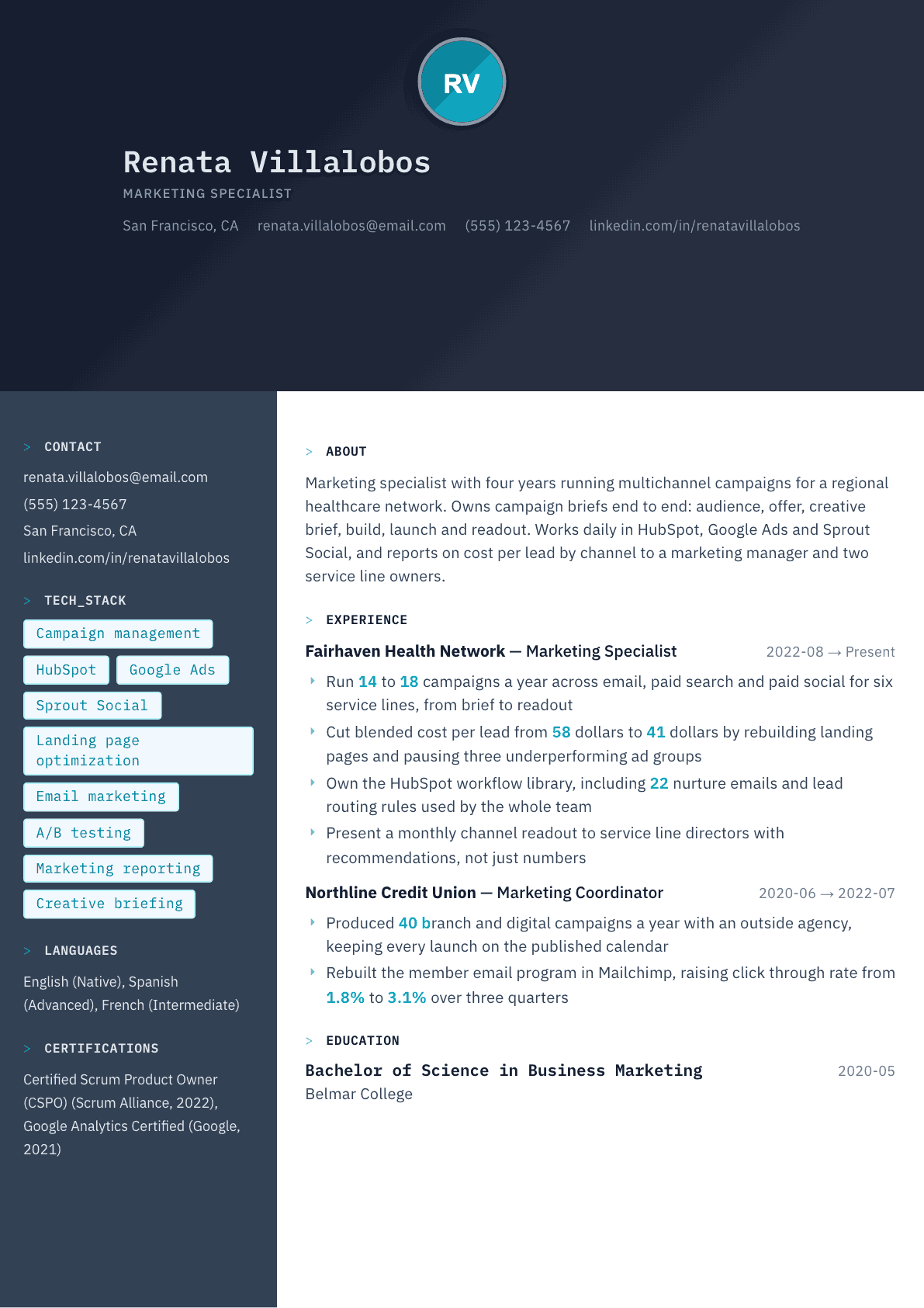 Marketing Specialist resume example, Code Terminal template