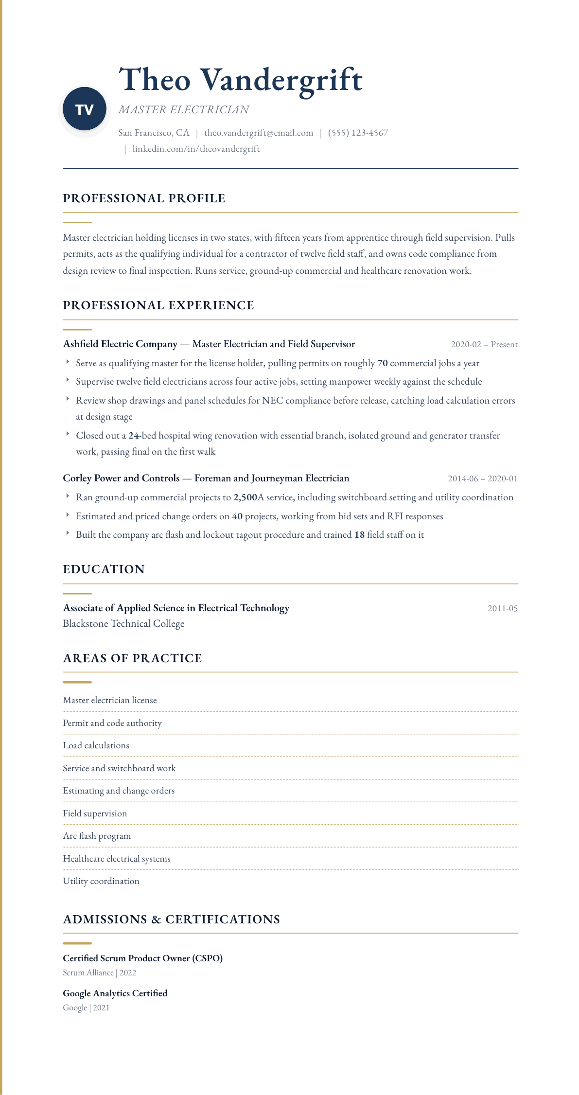 Master Electrician resume example, Folio template