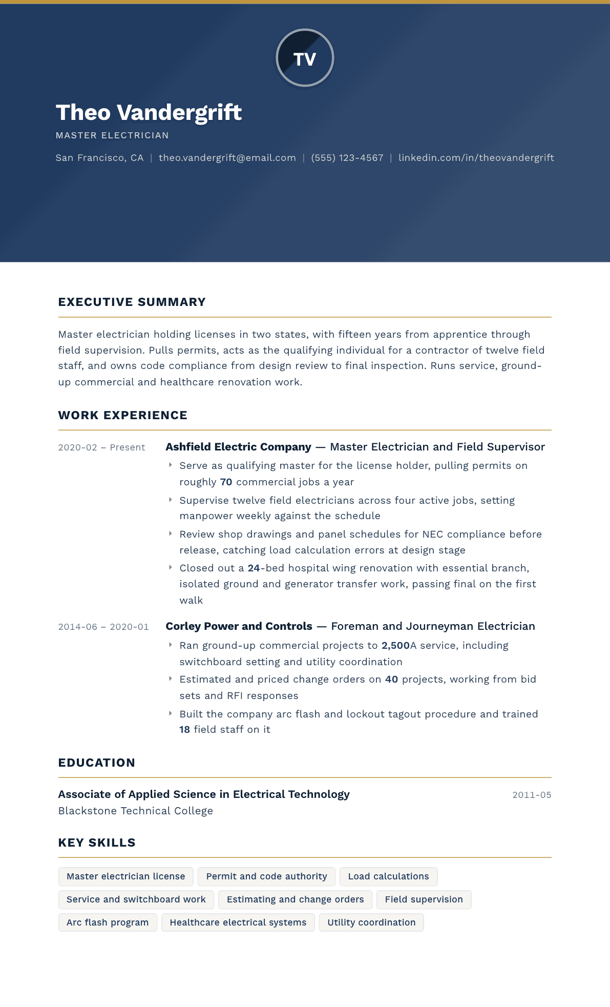 Master Electrician resume example, Sovereign template