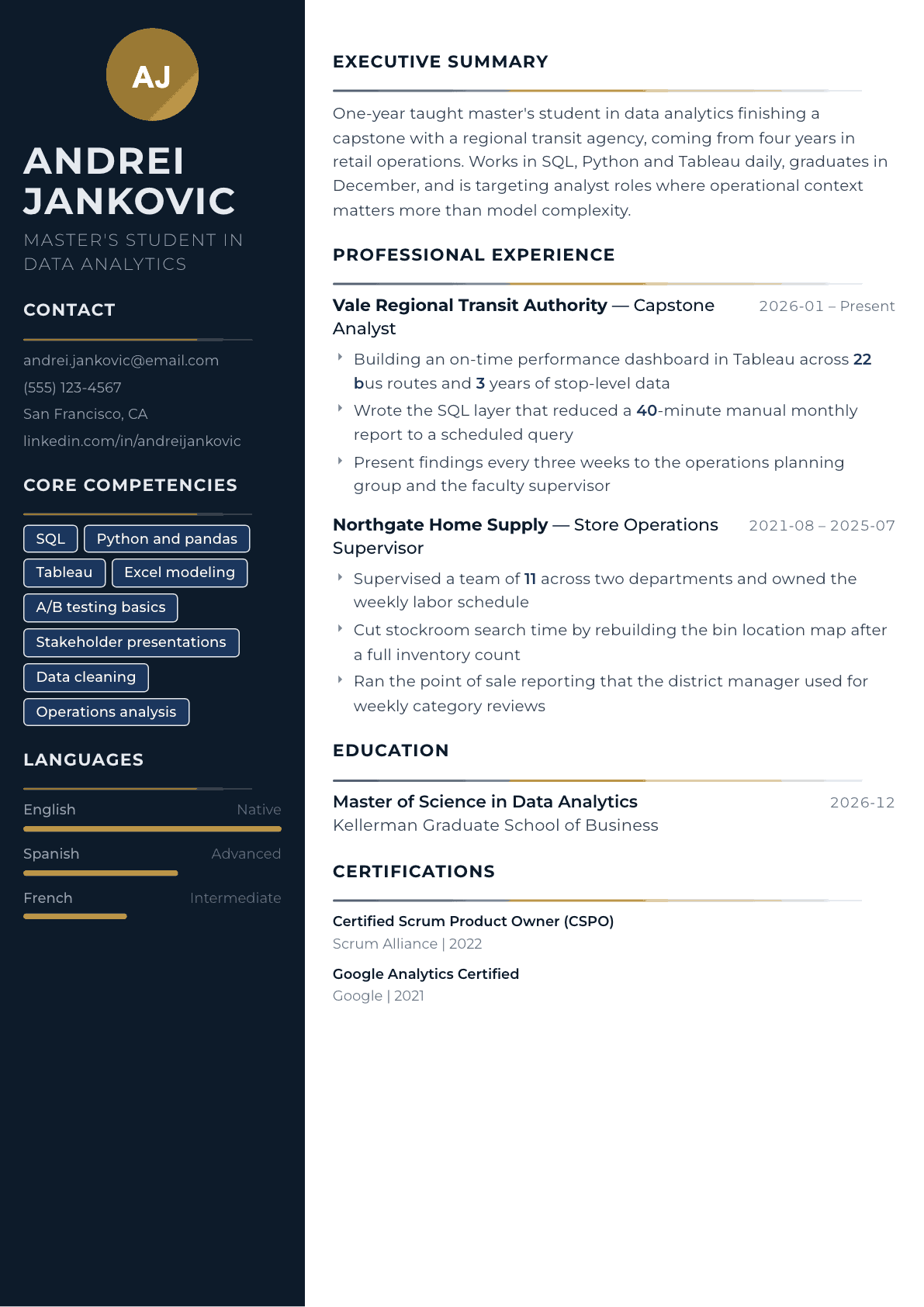 Master's Student resume example, Catalyst template