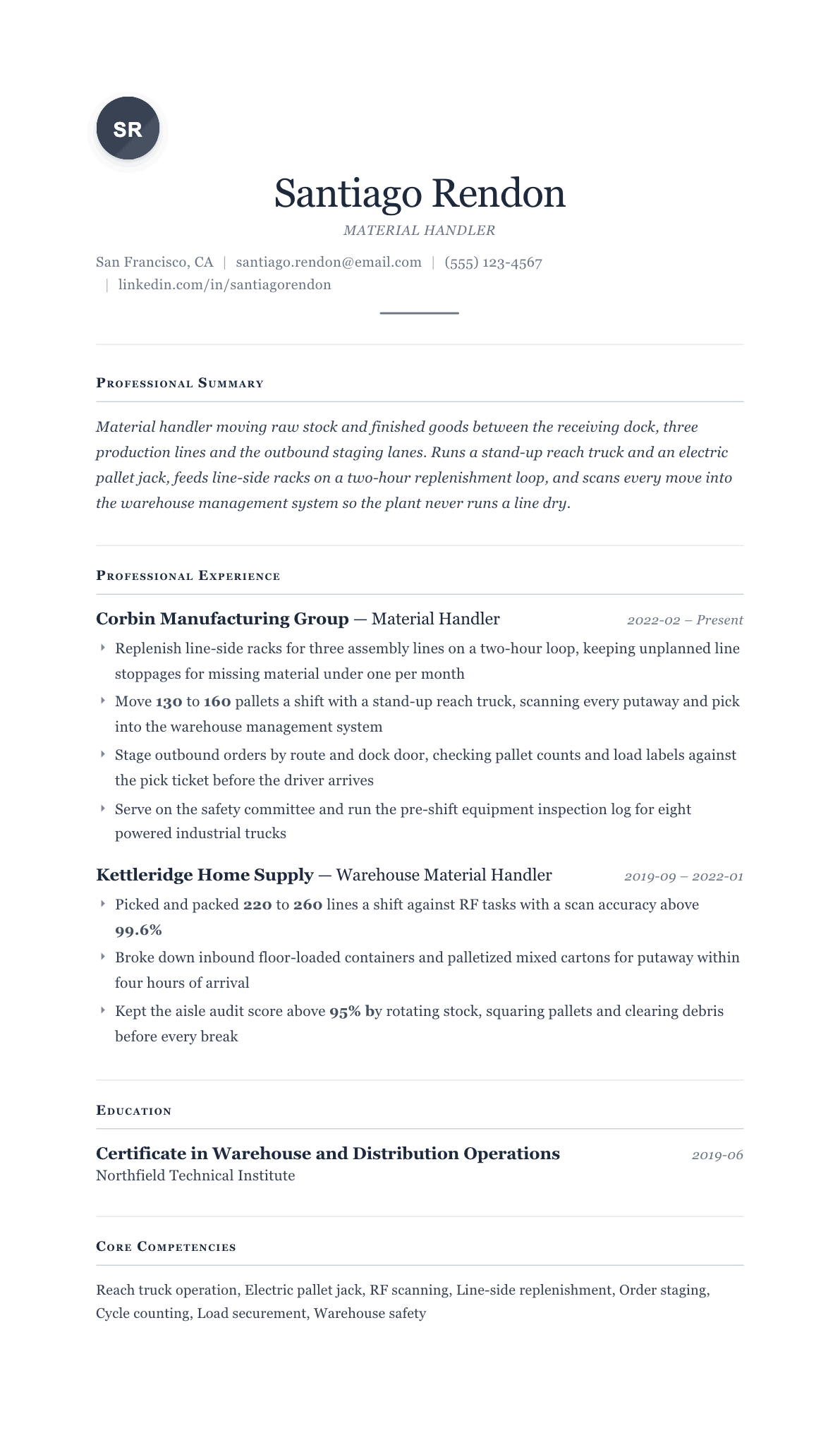 Material Handler resume example, Cornerstone template