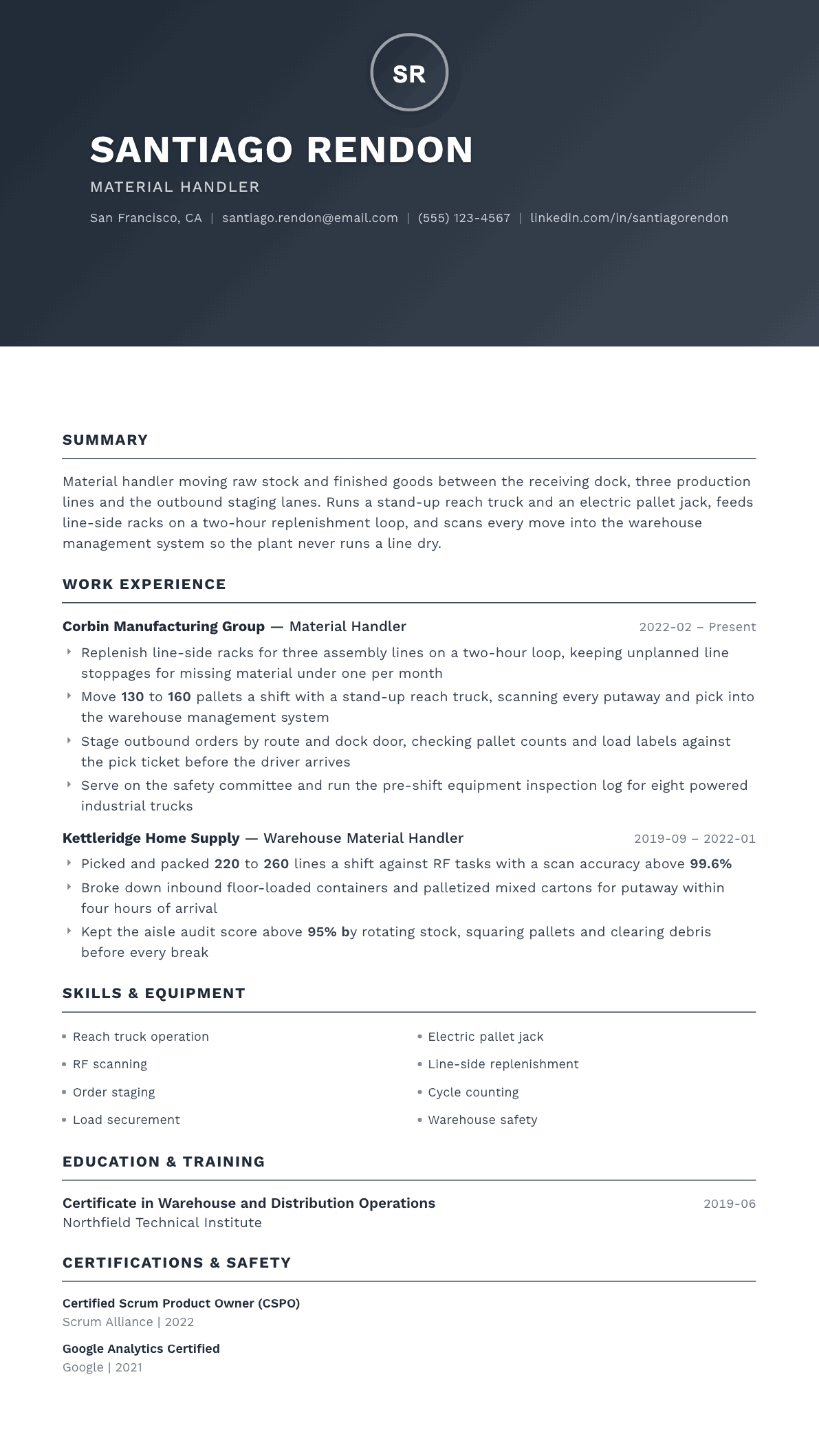 Material Handler resume example, Foundation template