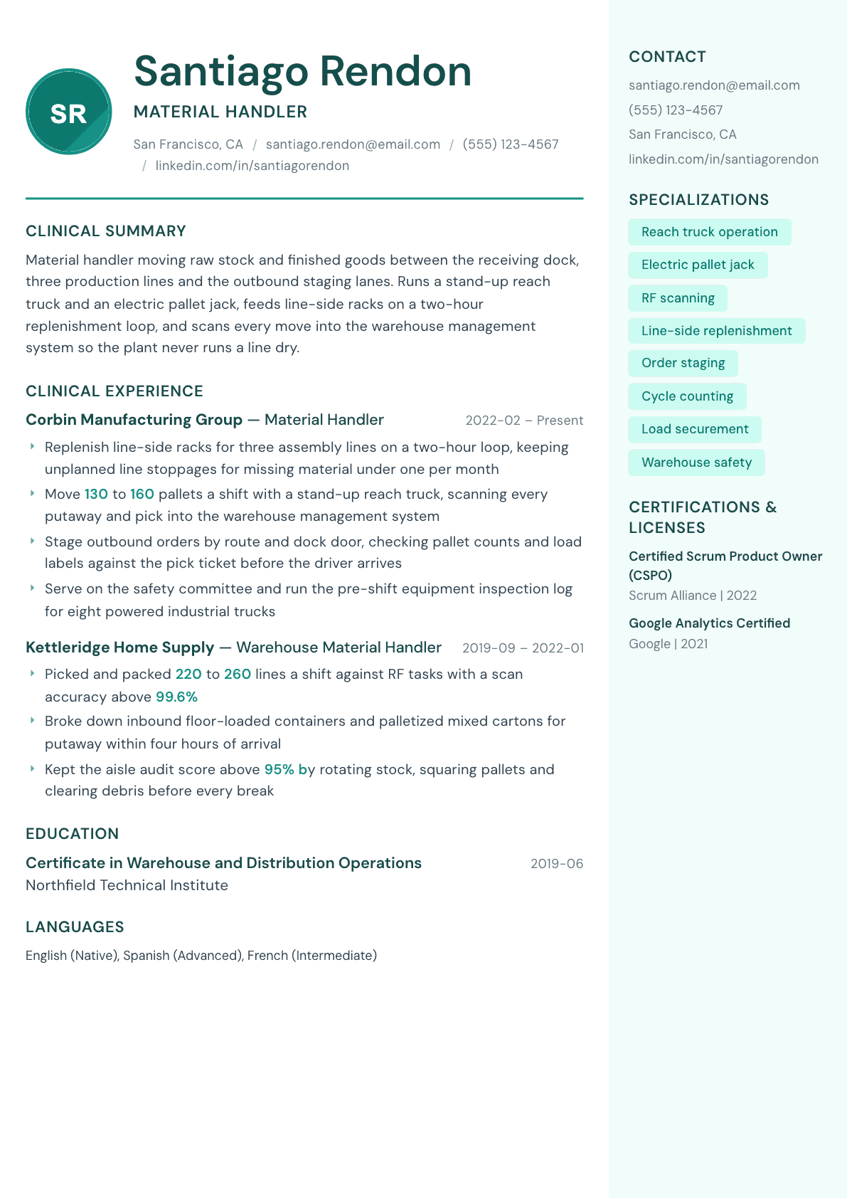 Material Handler resume example, Remedy template