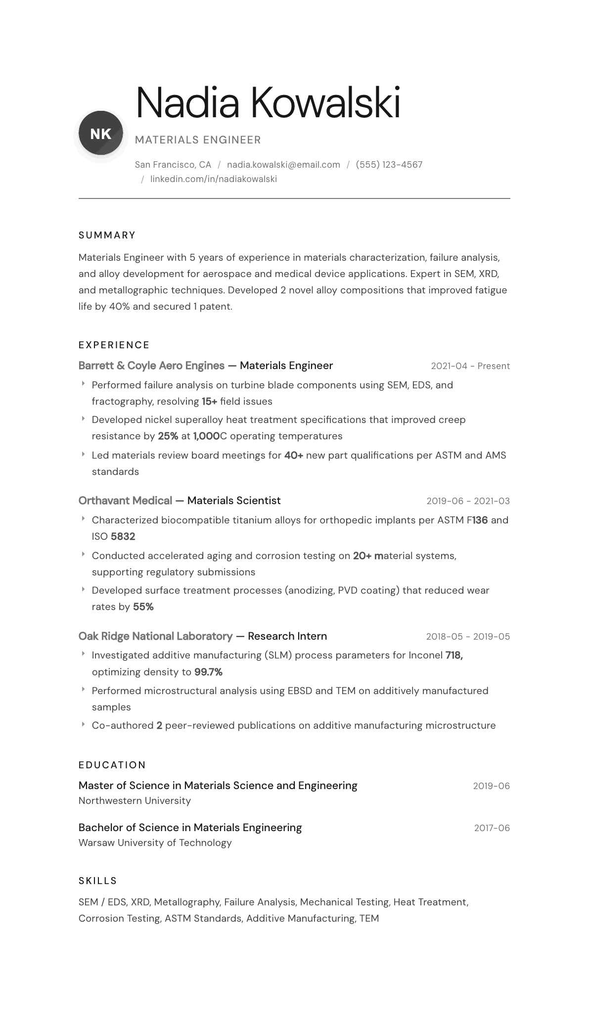 Materials Engineer resume example, Whisper template