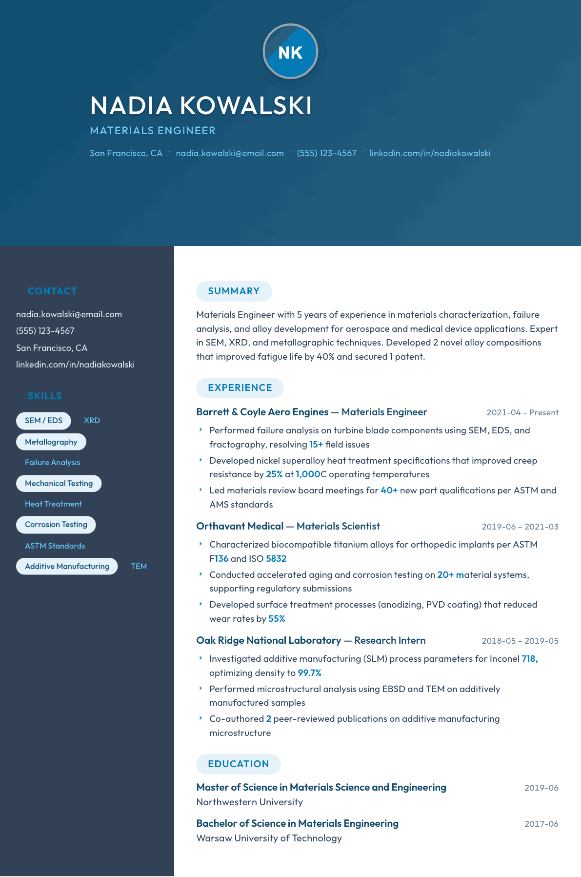Materials Engineer resume example, Nexus template